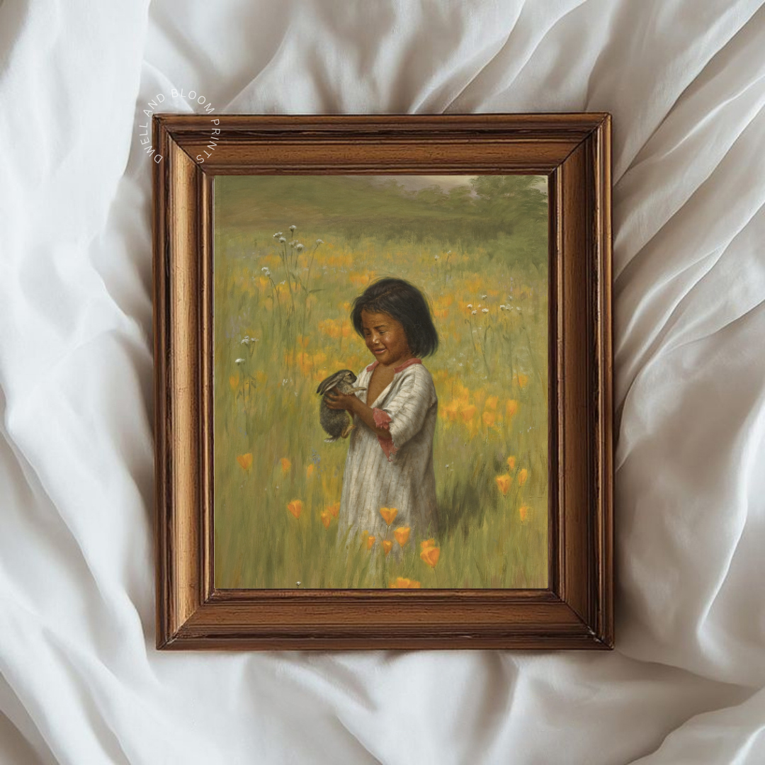 Vintage Girl with Bunny Portrait Painting | Vintage Nursery Art Print