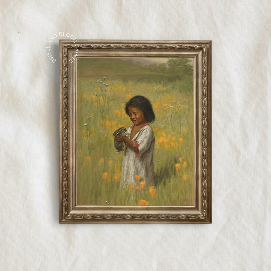 Vintage Girl with Bunny Portrait Painting | Vintage Nursery Art Print