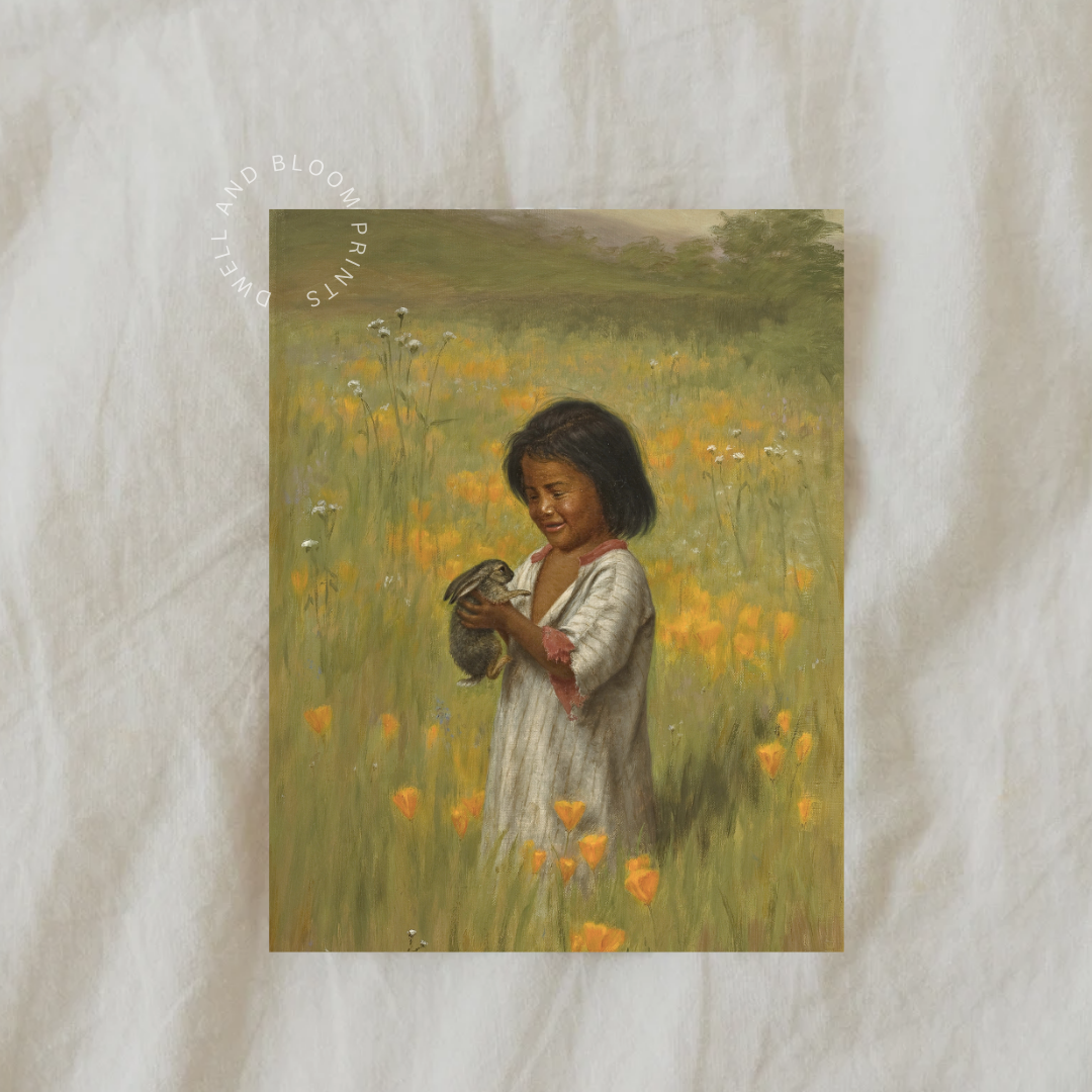 Vintage Girl with Bunny Portrait Painting | Vintage Nursery Art Print