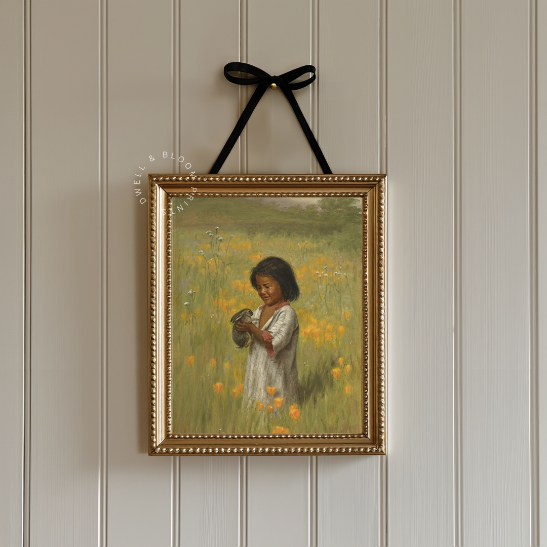 Vintage Girl with Bunny Portrait Painting | Vintage Nursery Art Print