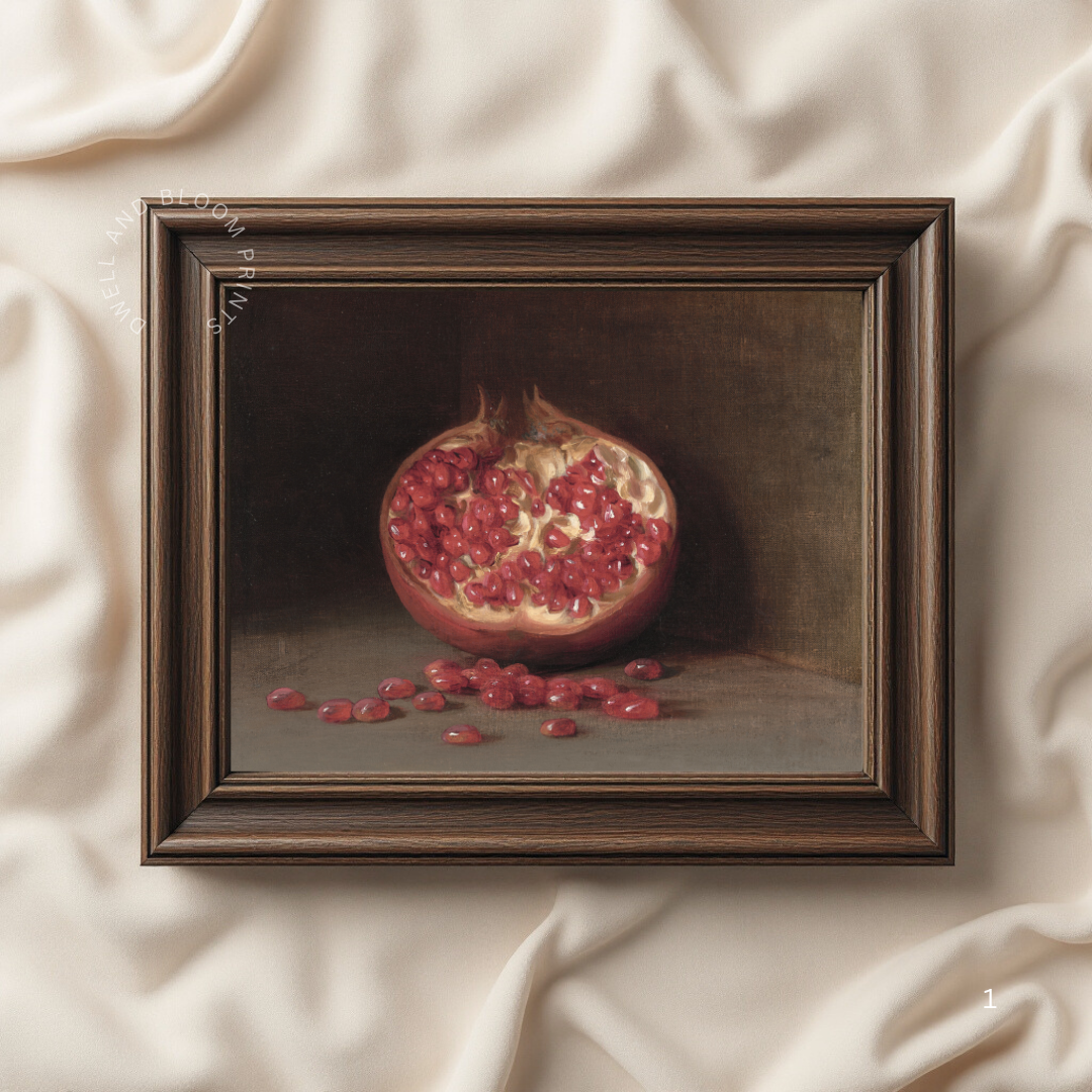 Pomegranate Vintage Still Life Painting | Farmhouse Kitchen Decor