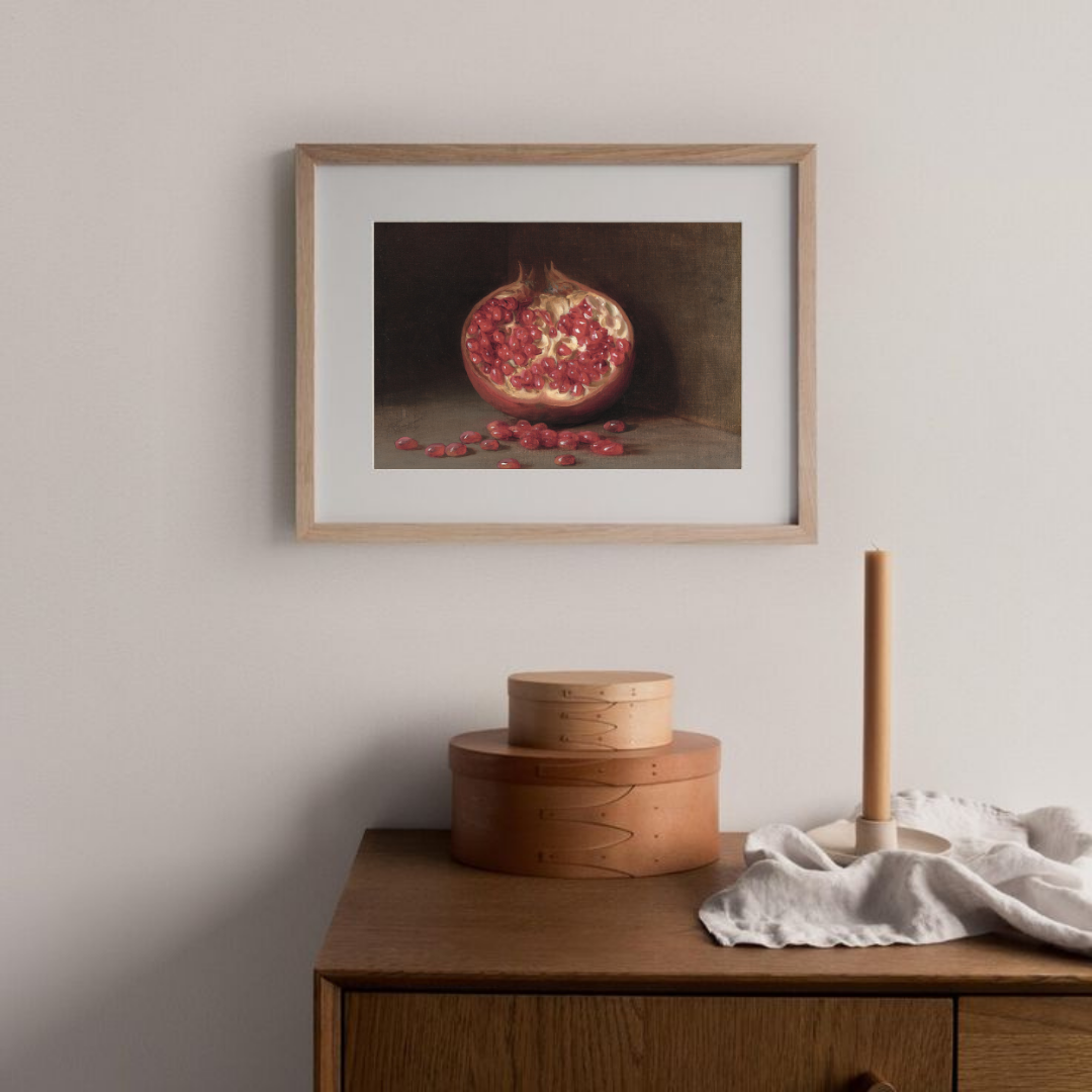 Pomegranate Vintage Still Life Painting | Farmhouse Kitchen Decor