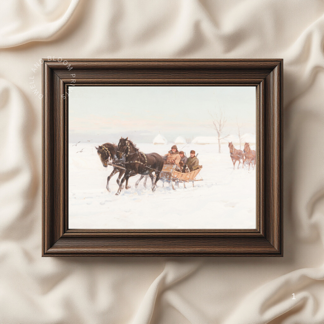 Horse-Drawn Sleigh | Vintage Nostalgic Winter Painting | Christmas Season Art 