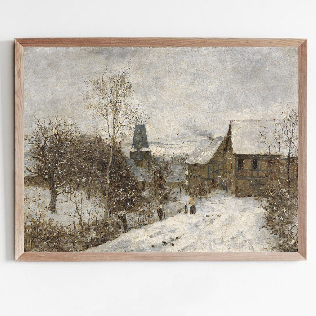 Vintage Winter Landscape Wall Art | Neutral Winter Village Oil Painting