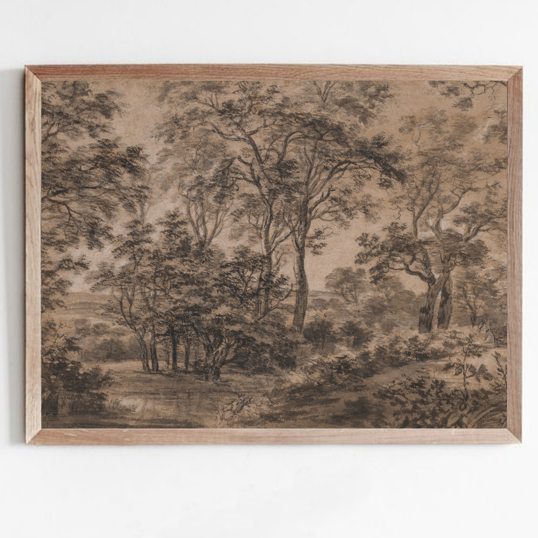 Antique Moody Landscape Sketch | Vintage Woodland Drawing