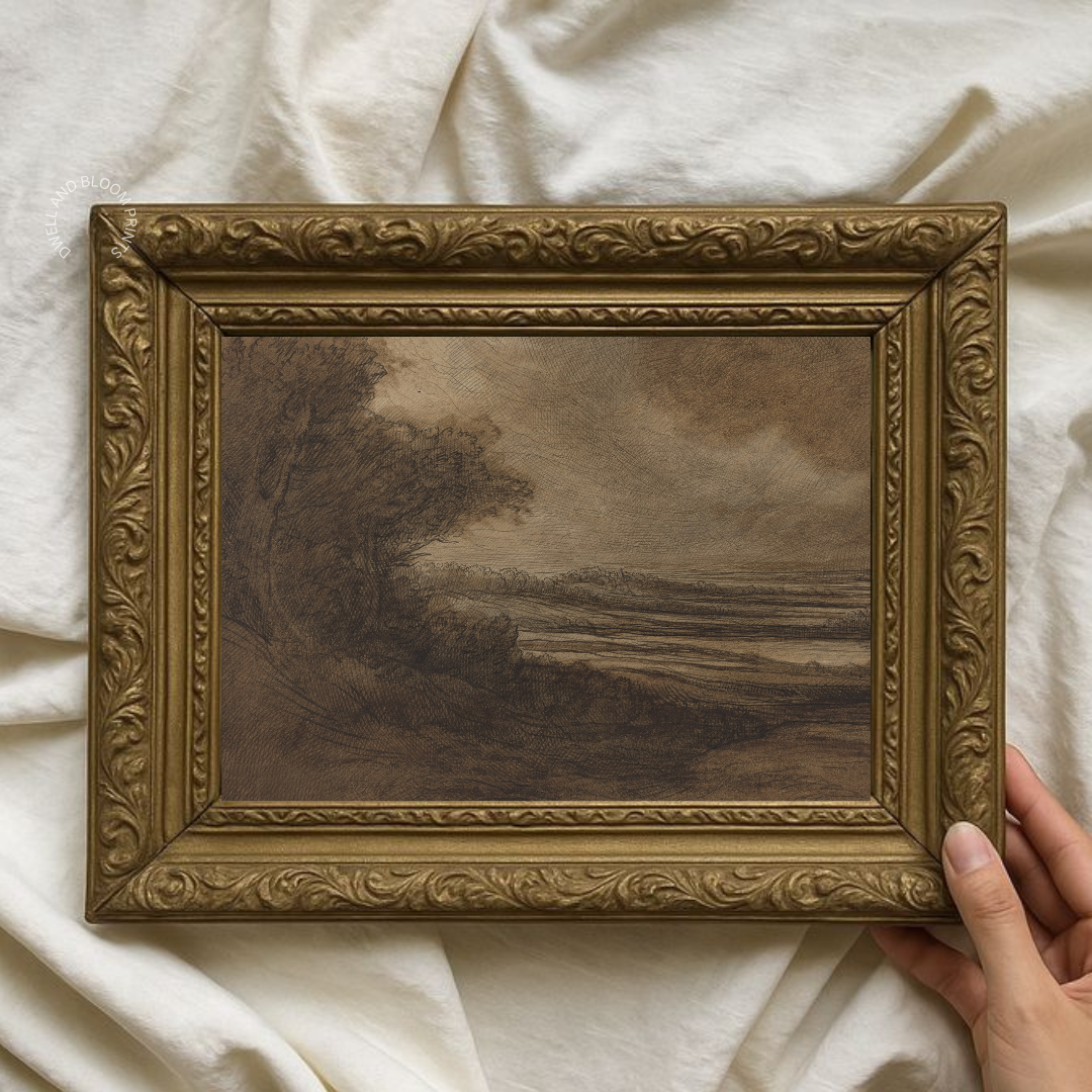 Vintage Moody Landscape Art Print | Vintage Dark Brown Landscape Wall Art