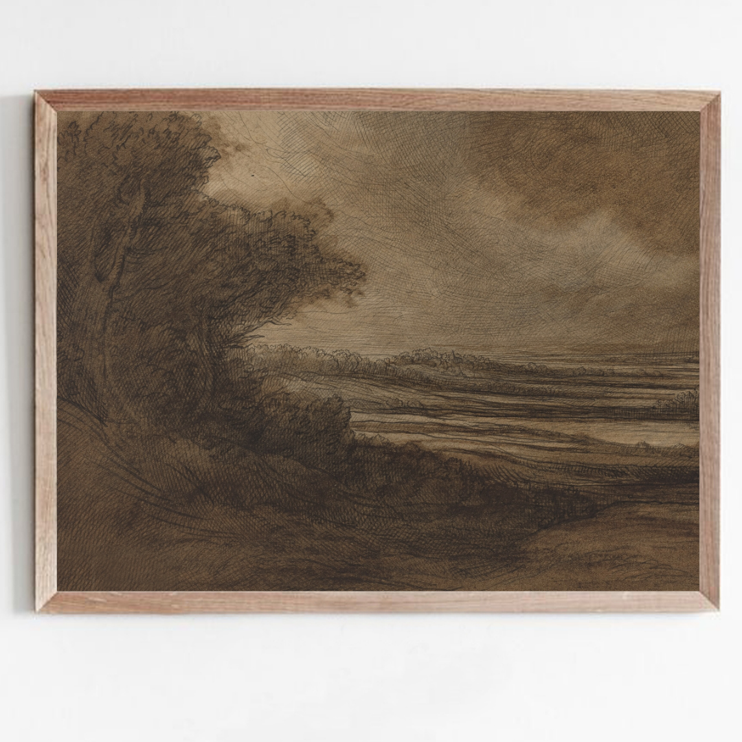 Vintage Moody Landscape Art Print | Vintage Dark Brown Landscape Wall Art
