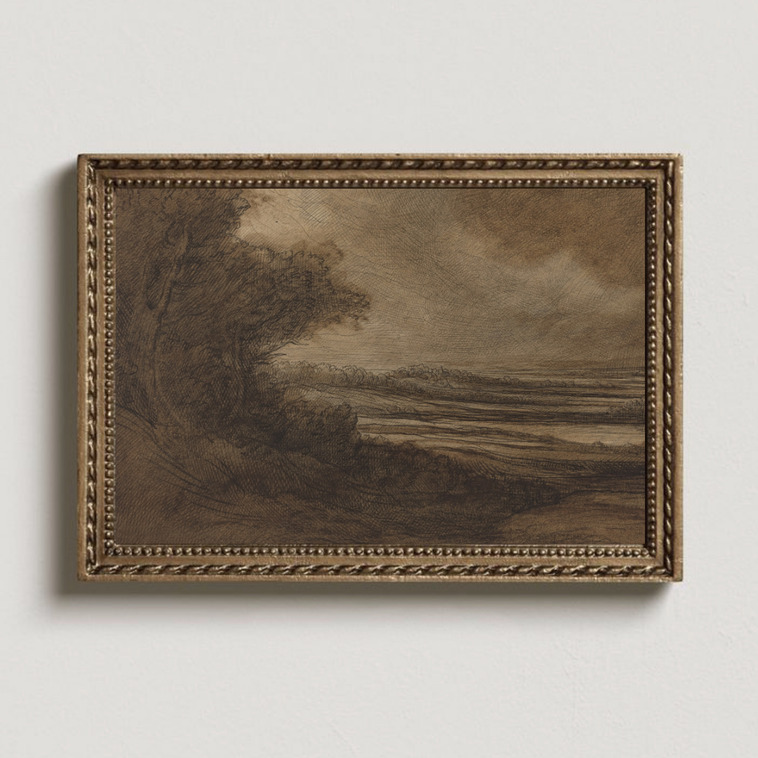 Vintage Moody Landscape Art Print | Vintage Dark Brown Landscape Wall Art