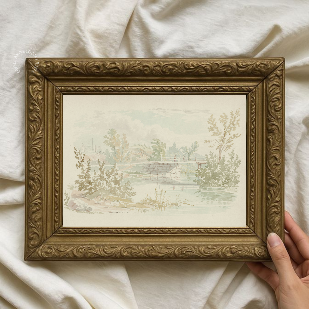 Vintage Watercolor River Landscape Painting | Antique Summer Landscape Art Print
