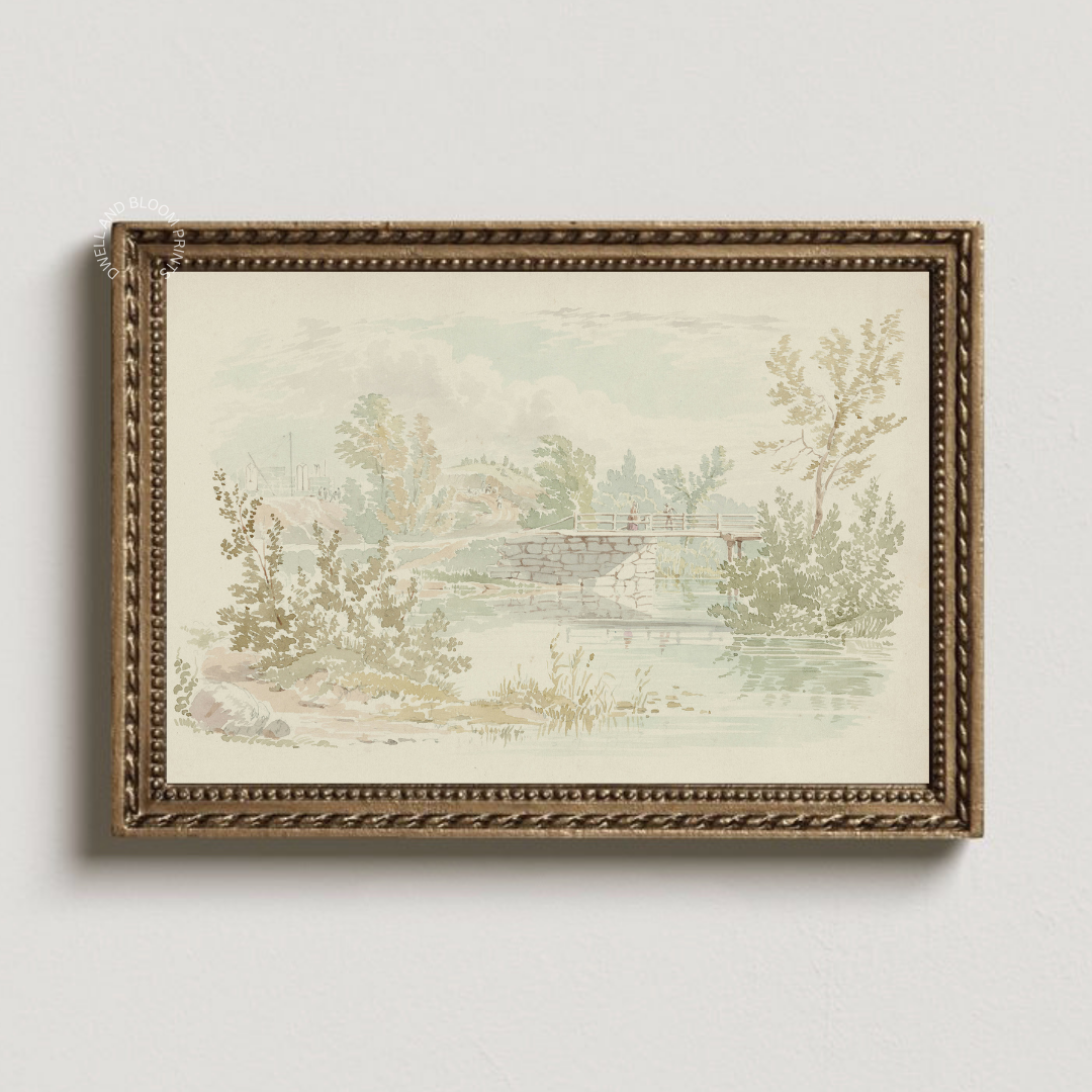 Vintage Watercolor River Landscape Painting | Antique Summer Landscape Art Print