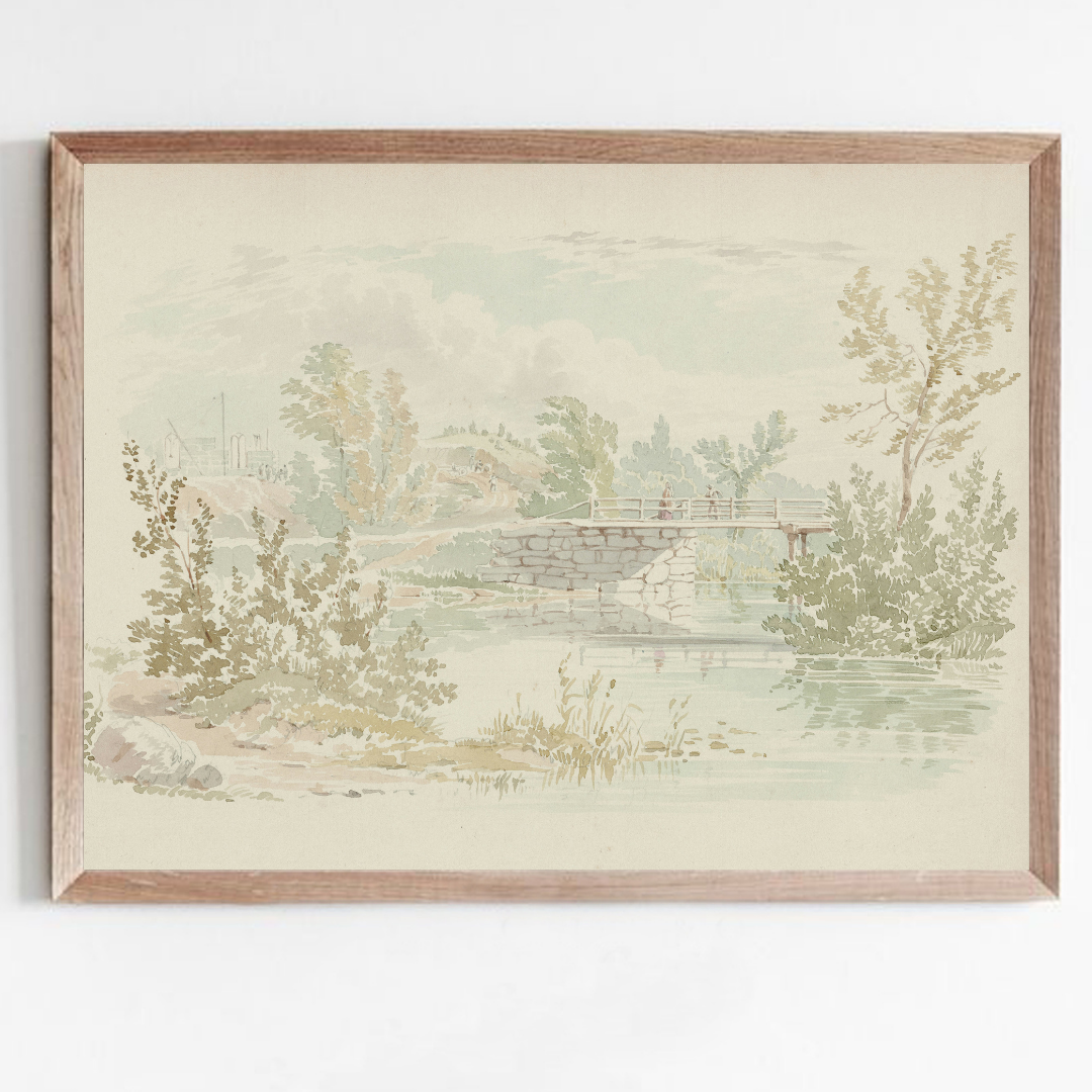 Vintage Watercolor River Landscape Painting | Antique Summer Landscape Art Print
