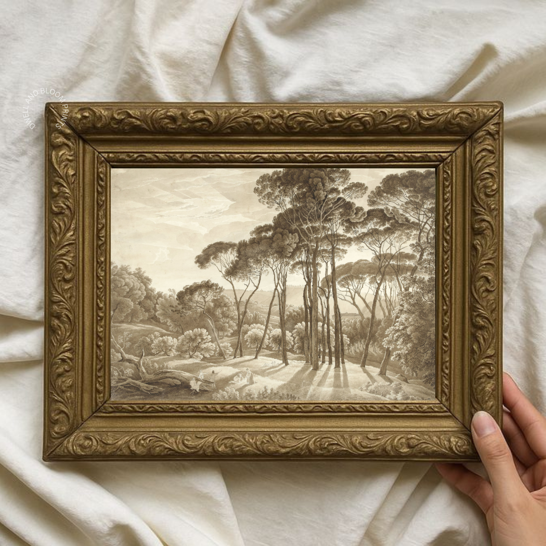 Antique Tree Sketch Print | Neutral Vintage Landscape Drawing | Rustic Brown Nature Etching