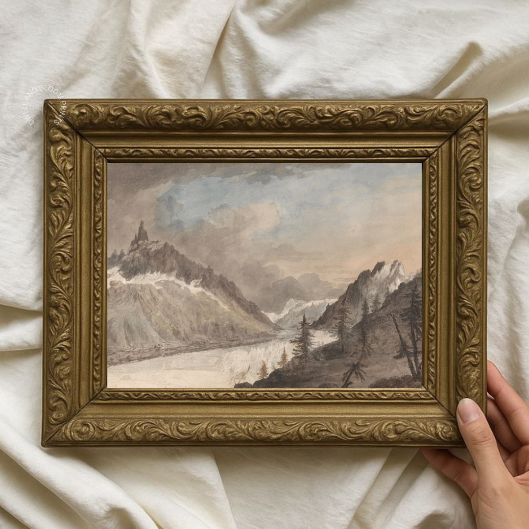Vintage Mountain Landscape Painting | Neutral Mountain Landscape Art Print