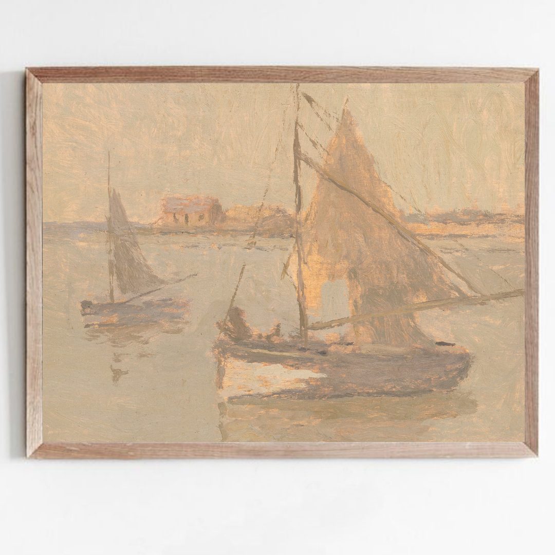 Vintage Seascape Oil Painting , Neutral Sailboat Art Print