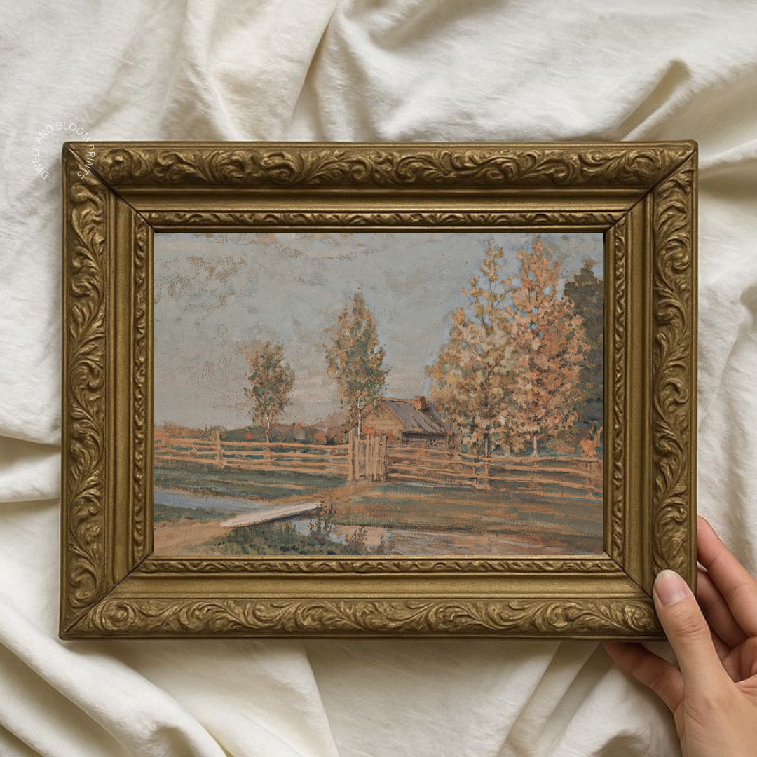 Vintage Country Cottage Painting | Vintage Autumn Landscape Wall Art
