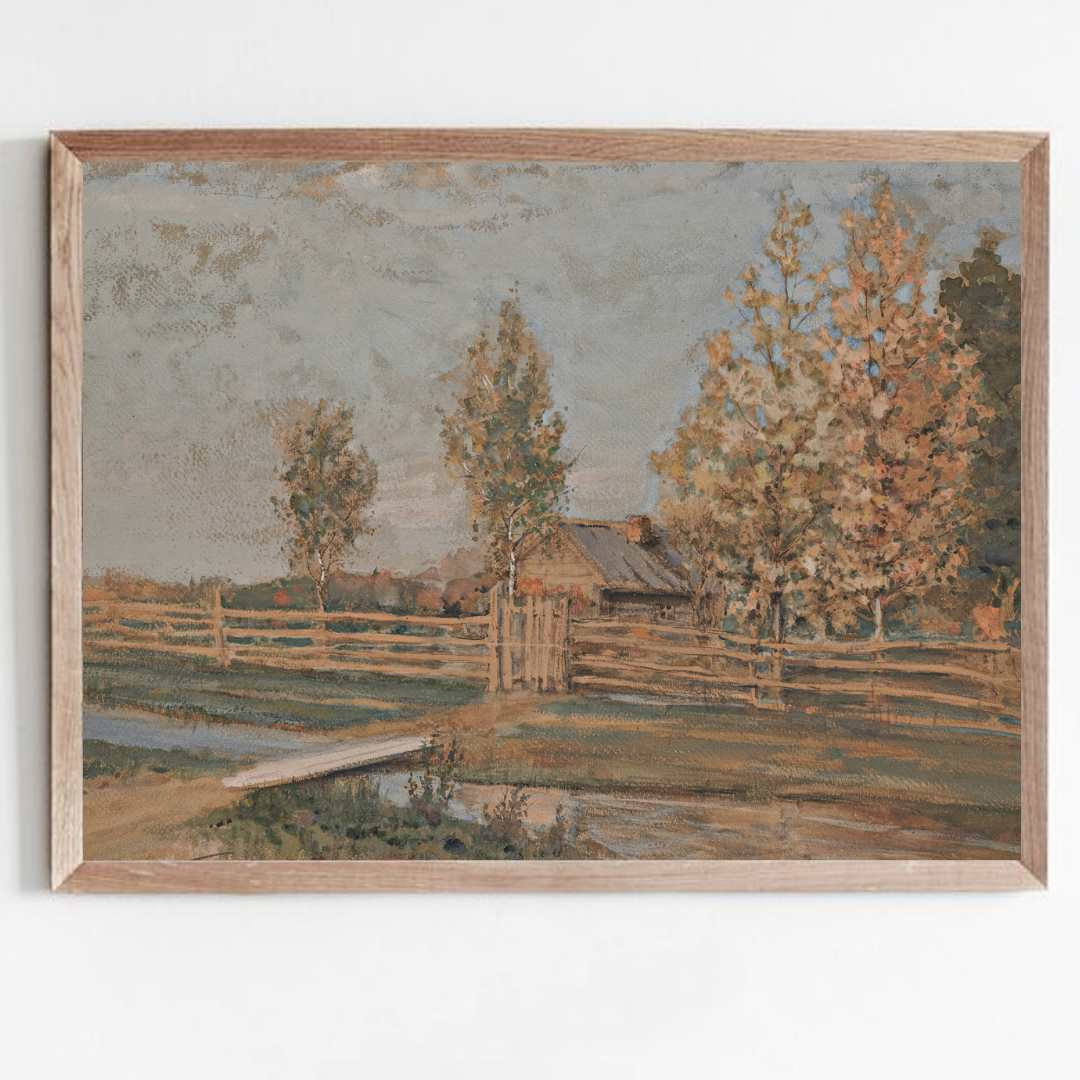 Vintage Country Cottage Painting | Vintage Autumn Landscape Wall Art