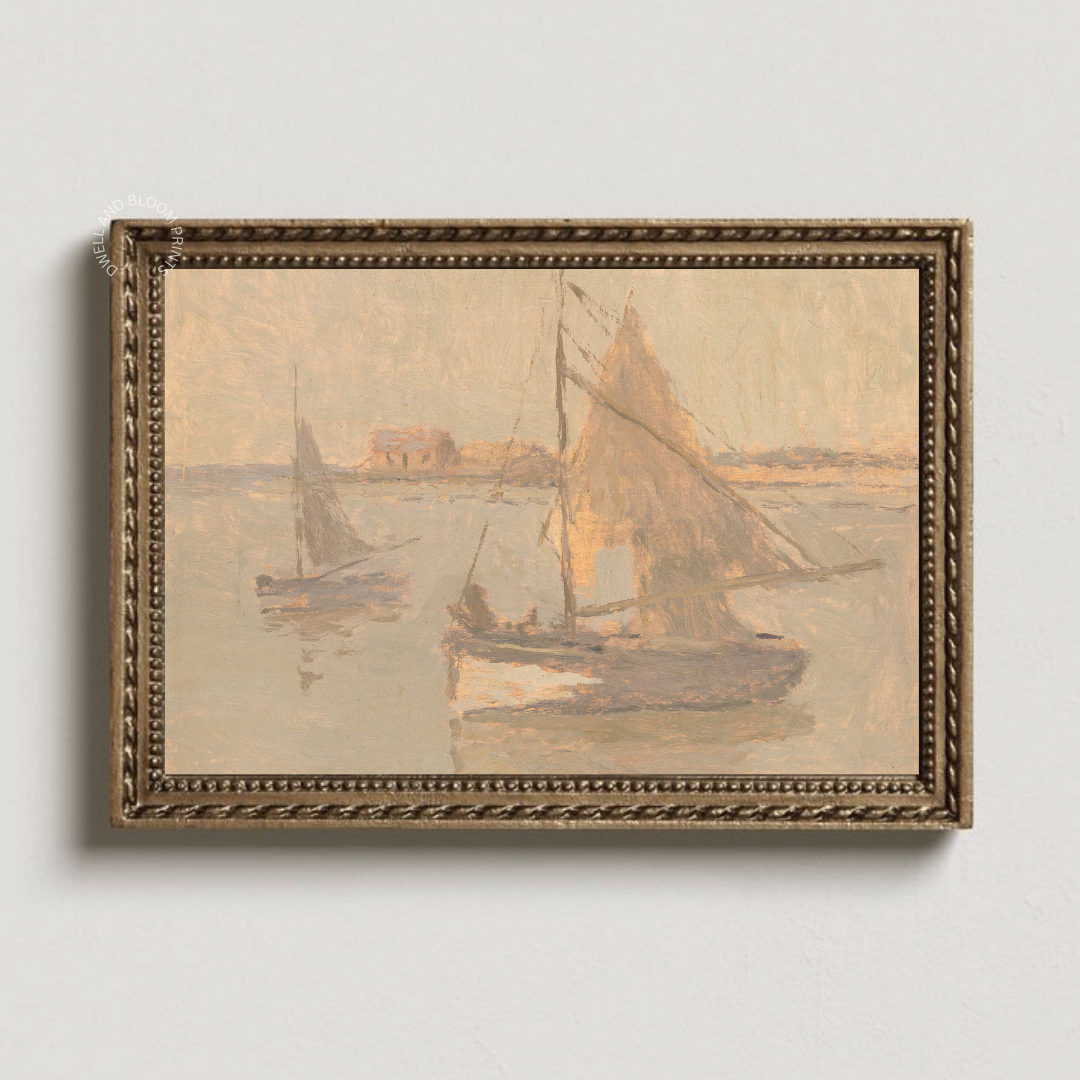 Vintage Seascape Oil Painting , Neutral Sailboat Art Print