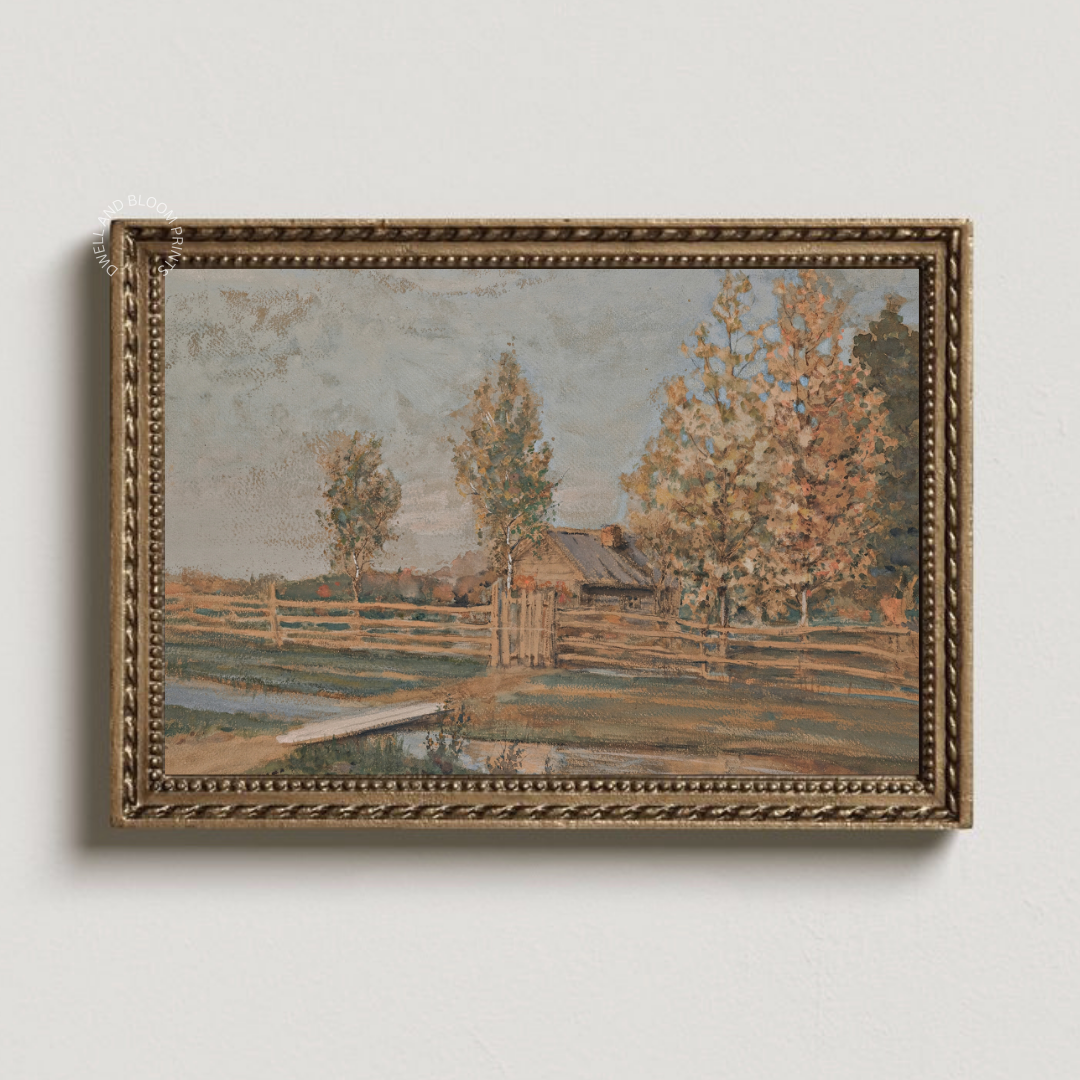 Vintage Country Cottage Painting | Vintage Autumn Landscape Wall Art