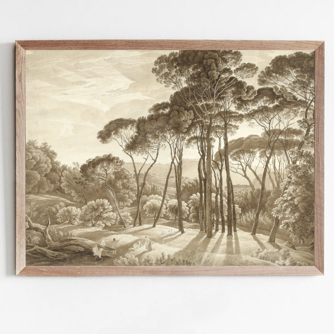 Antique Tree Sketch Print | Neutral Vintage Landscape Drawing | Rustic Brown Nature Etching