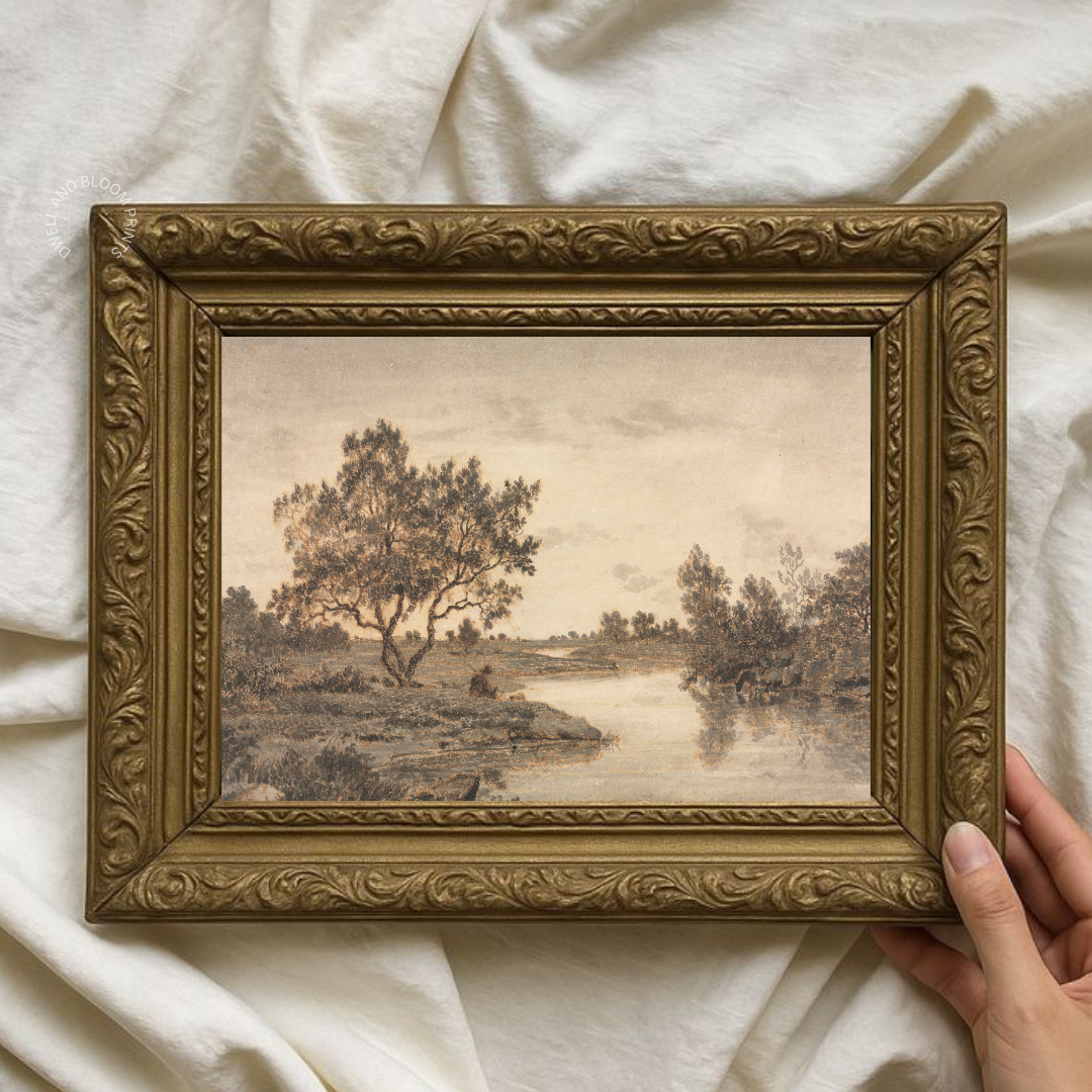 Rustic Country Landscape Print | Vintage Neutral Country Landscape Painting