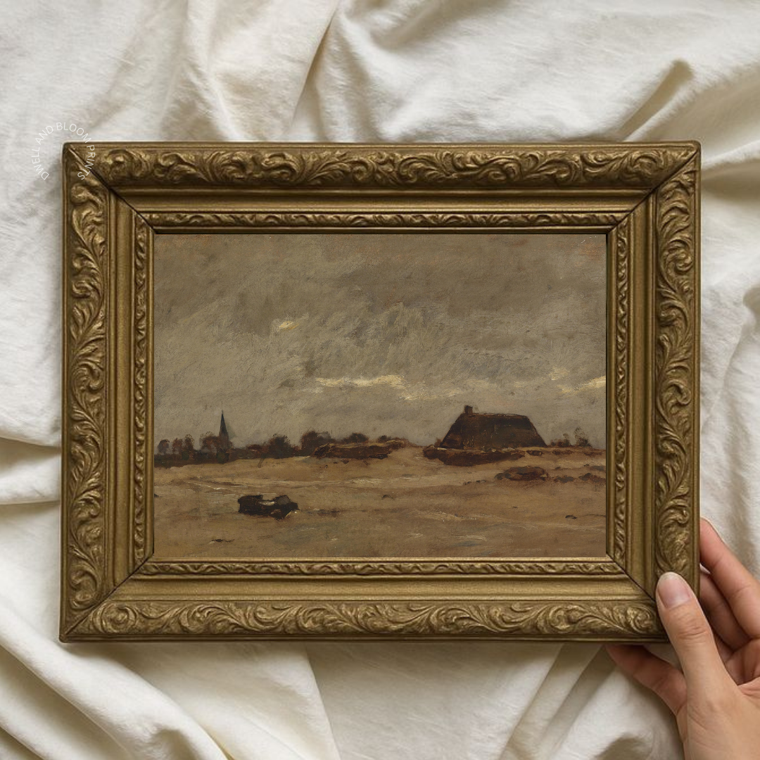 Rustic Moody Cottage Landscape Painting | Moody Farmhouse Art Print