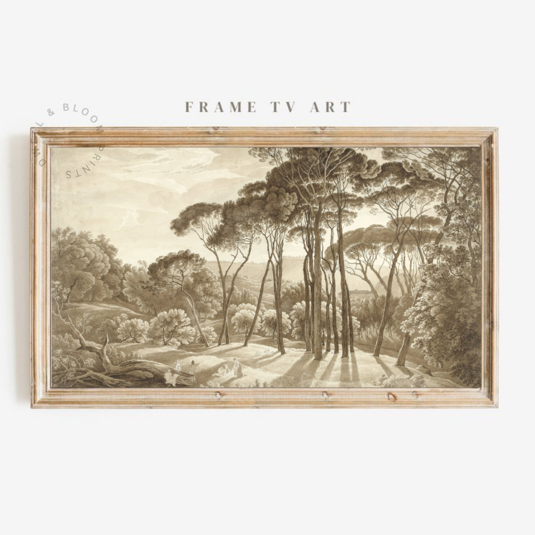Samsung Frame TV Art | Neutral Vintage Landscape Drawing