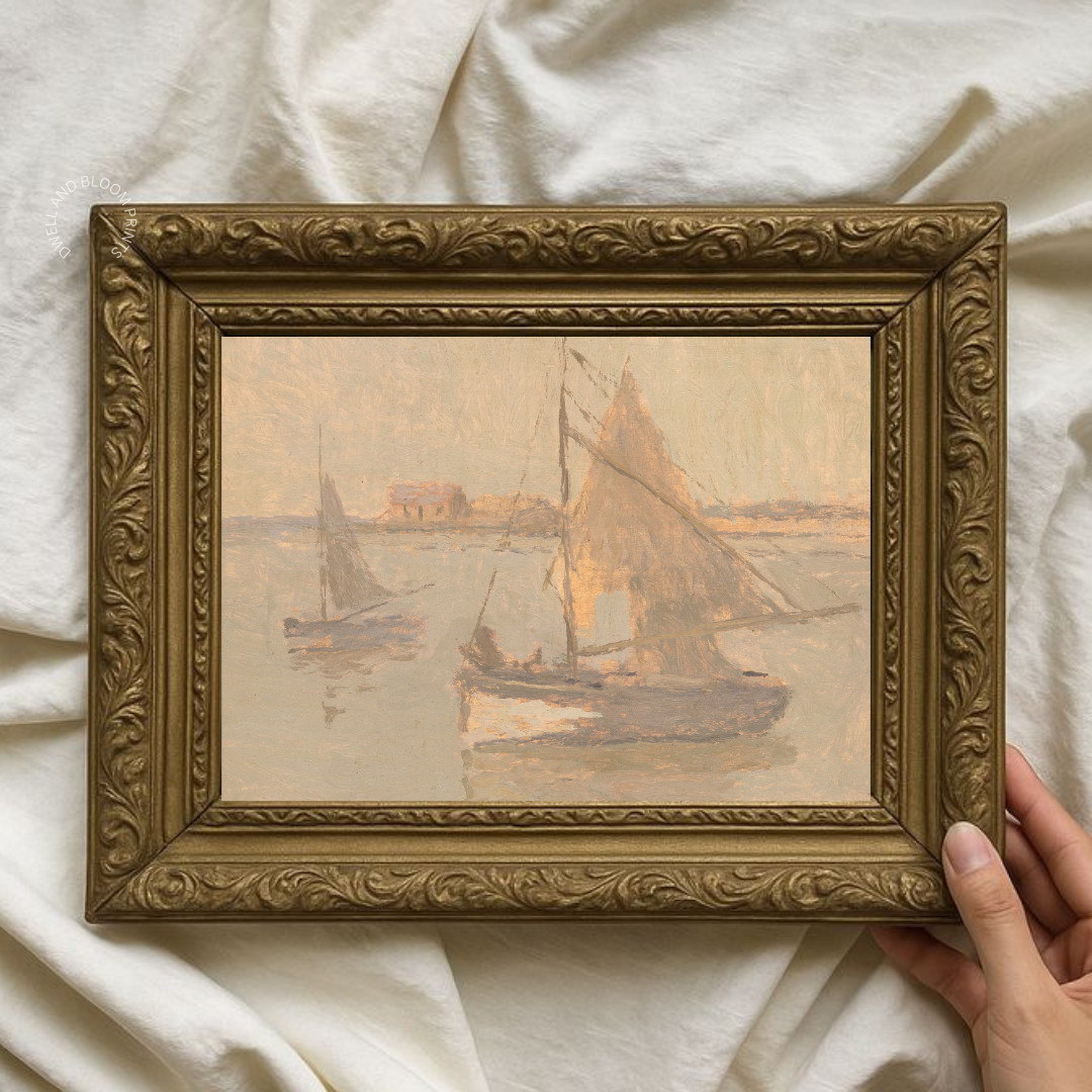 Vintage Seascape Oil Painting , Neutral Sailboat Art Print