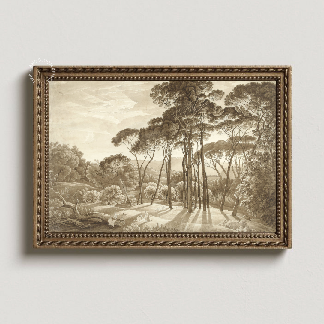 Antique Tree Sketch Print | Neutral Vintage Landscape Drawing | Rustic Brown Nature Etching