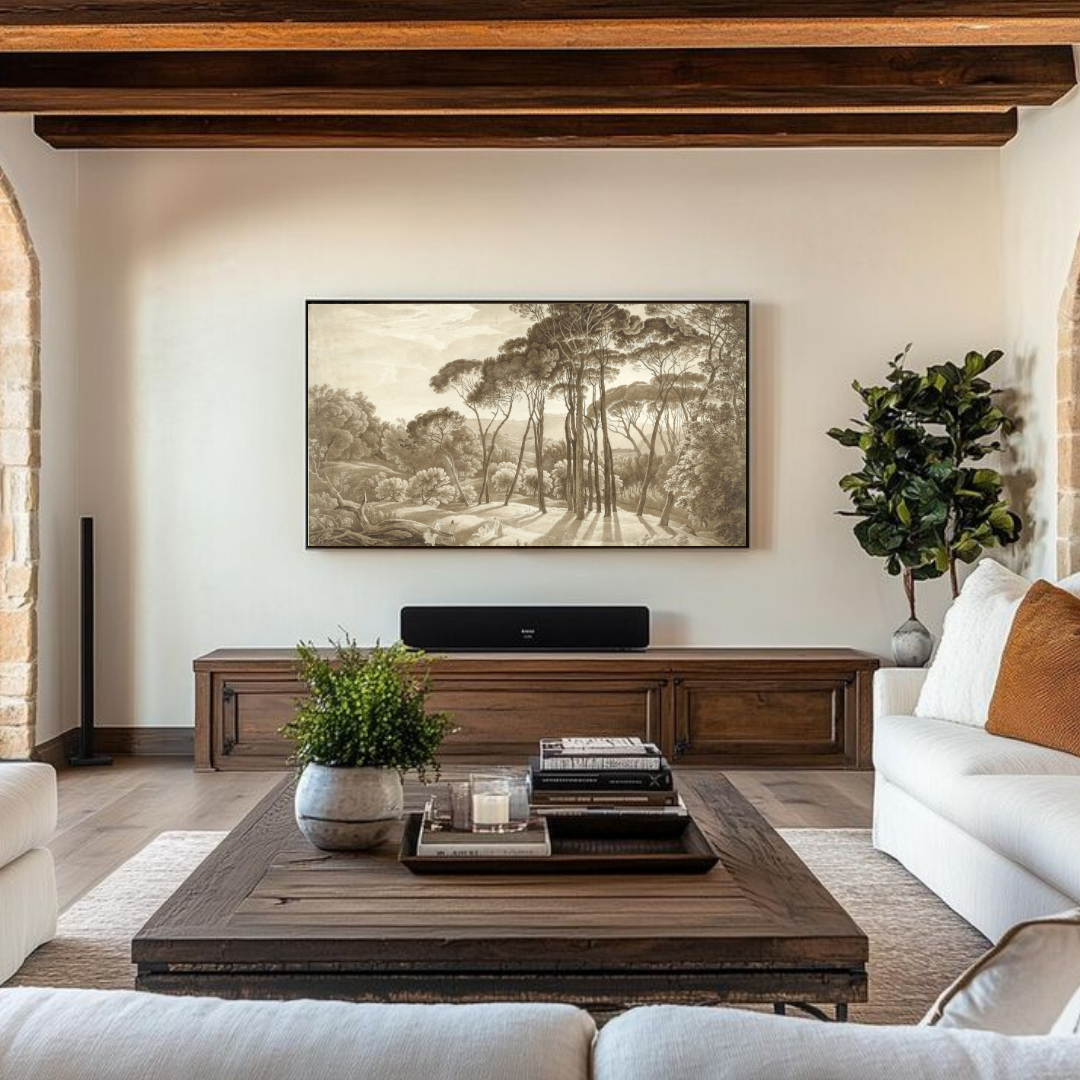 Samsung Frame TV Art | Neutral Vintage Landscape Drawing