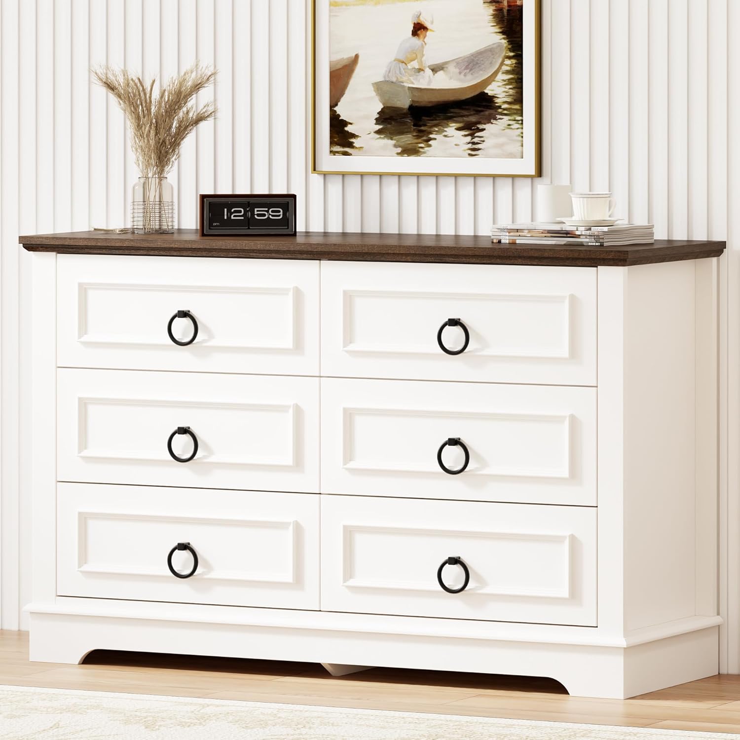 White Dresser for Bedroom, Wood Double Dressers & Chests of Drawers with 6 Drawers, Modern Farmhouse Storage Dresser Organizer with Round Metal Handle for Hallway, Entryway
