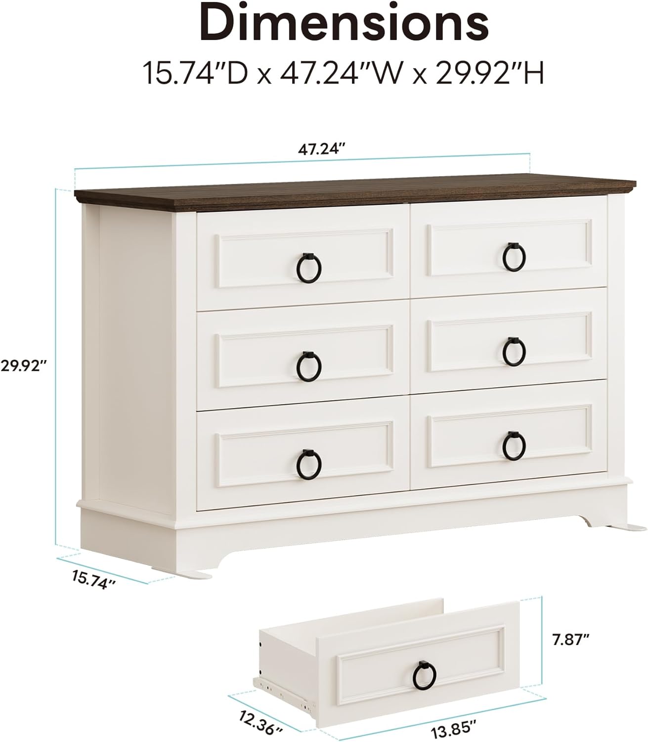 White Dresser for Bedroom, Wood Double Dressers & Chests of Drawers with 6 Drawers, Modern Farmhouse Storage Dresser Organizer with Round Metal Handle for Hallway, Entryway