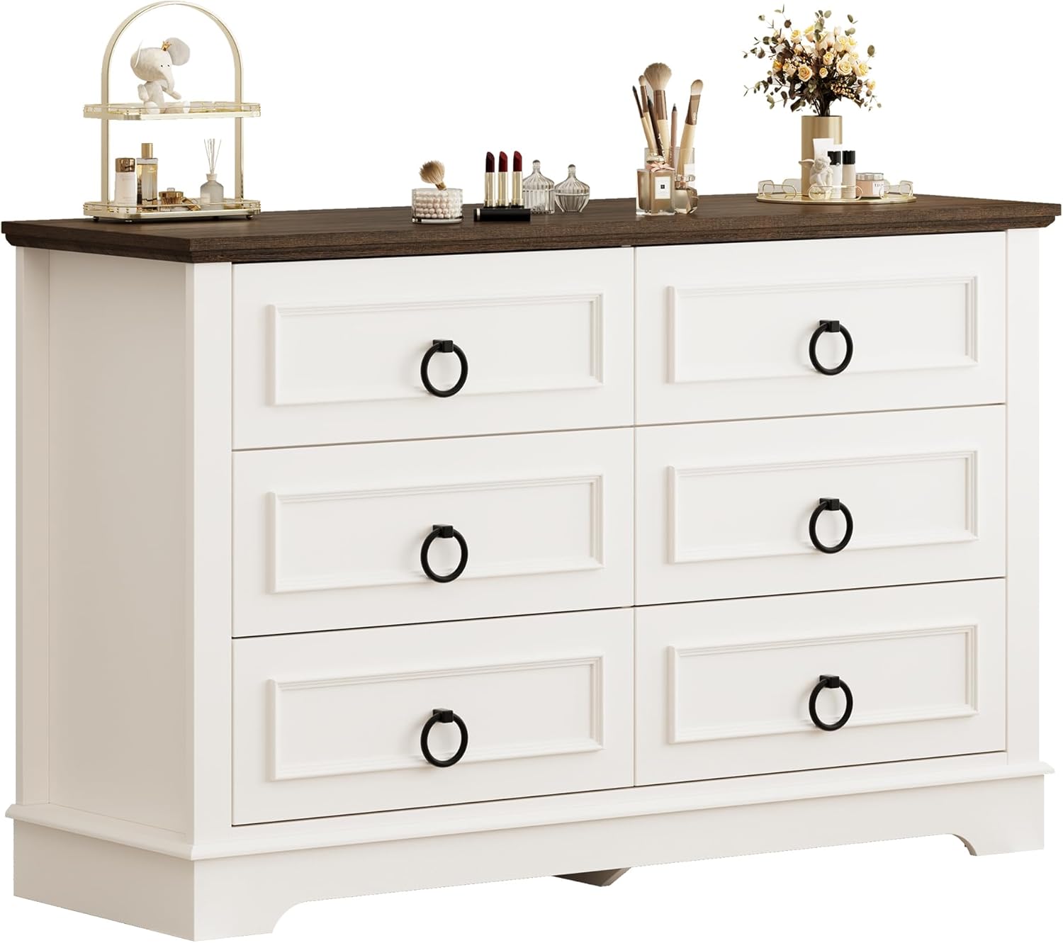 White Dresser for Bedroom, Wood Double Dressers & Chests of Drawers with 6 Drawers, Modern Farmhouse Storage Dresser Organizer with Round Metal Handle for Hallway, Entryway