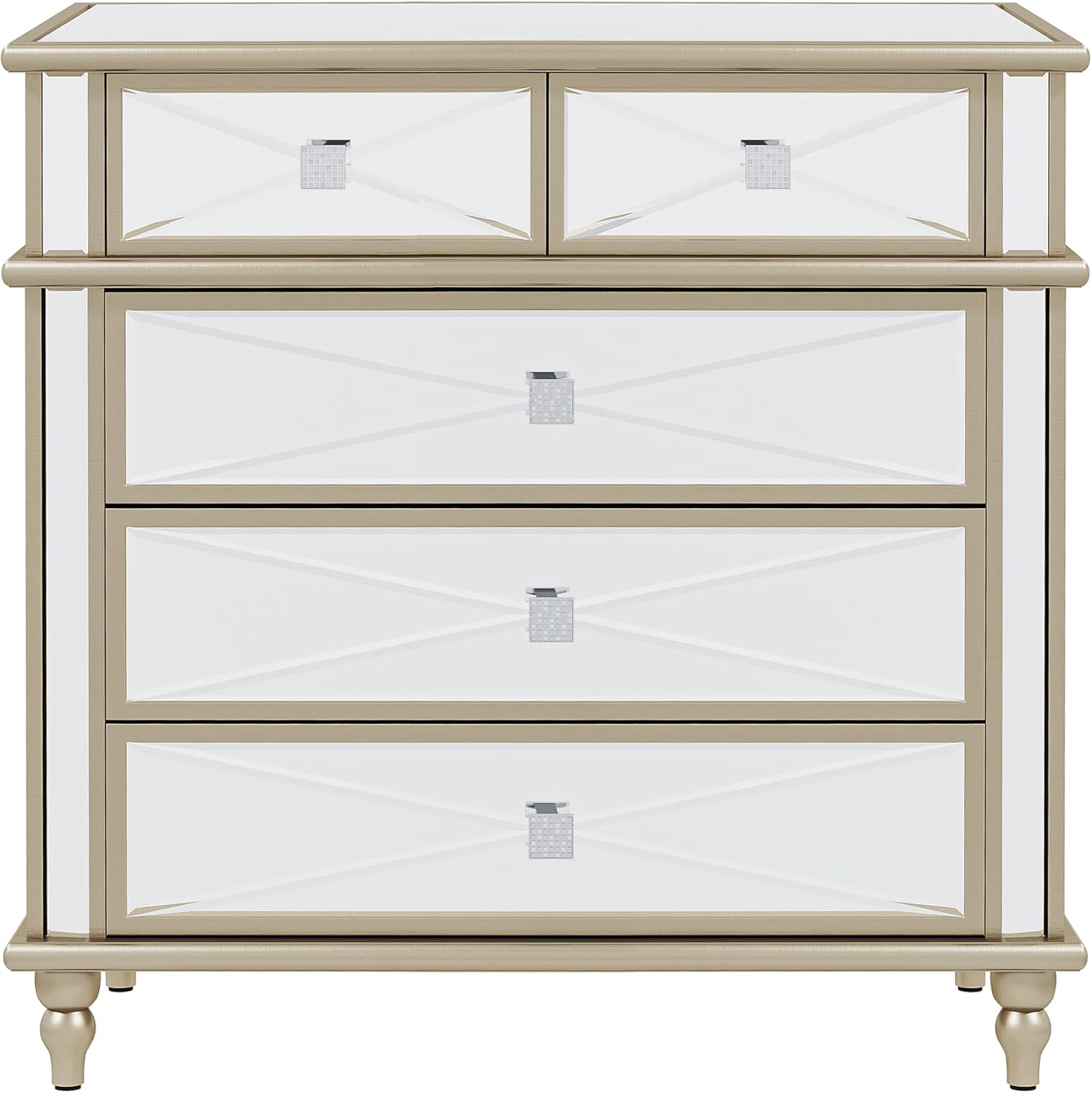 Gold Mirrored 5 Drawers Dressers for Bedroom, 35" Accent Chest with Drawers with 5 Storage Drawers and Wood Legs, Fully Assembled Mirrored Nightstans for Bedroom, Living Room