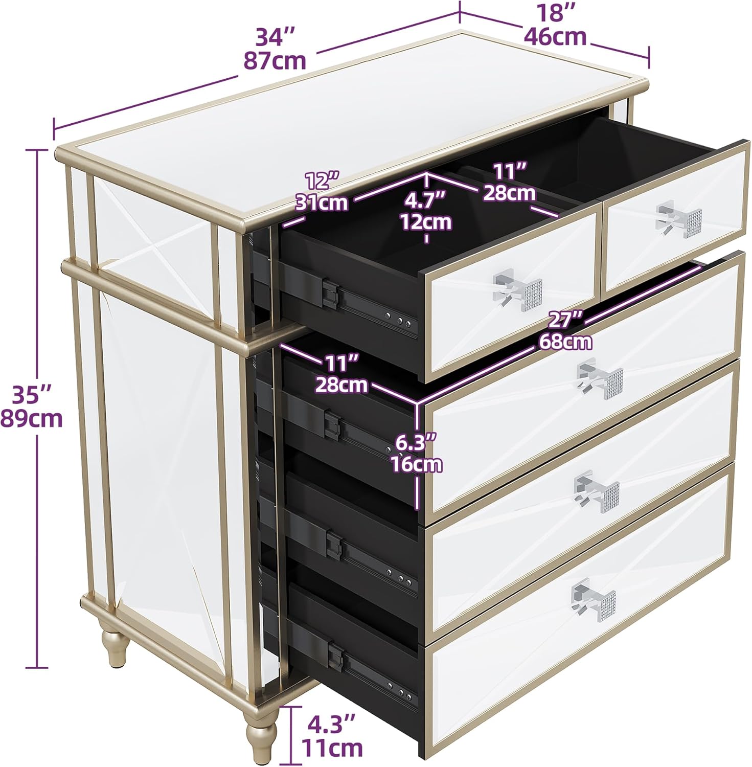 Gold Mirrored 5 Drawers Dressers for Bedroom, 35" Accent Chest with Drawers with 5 Storage Drawers and Wood Legs, Fully Assembled Mirrored Nightstans for Bedroom, Living Room
