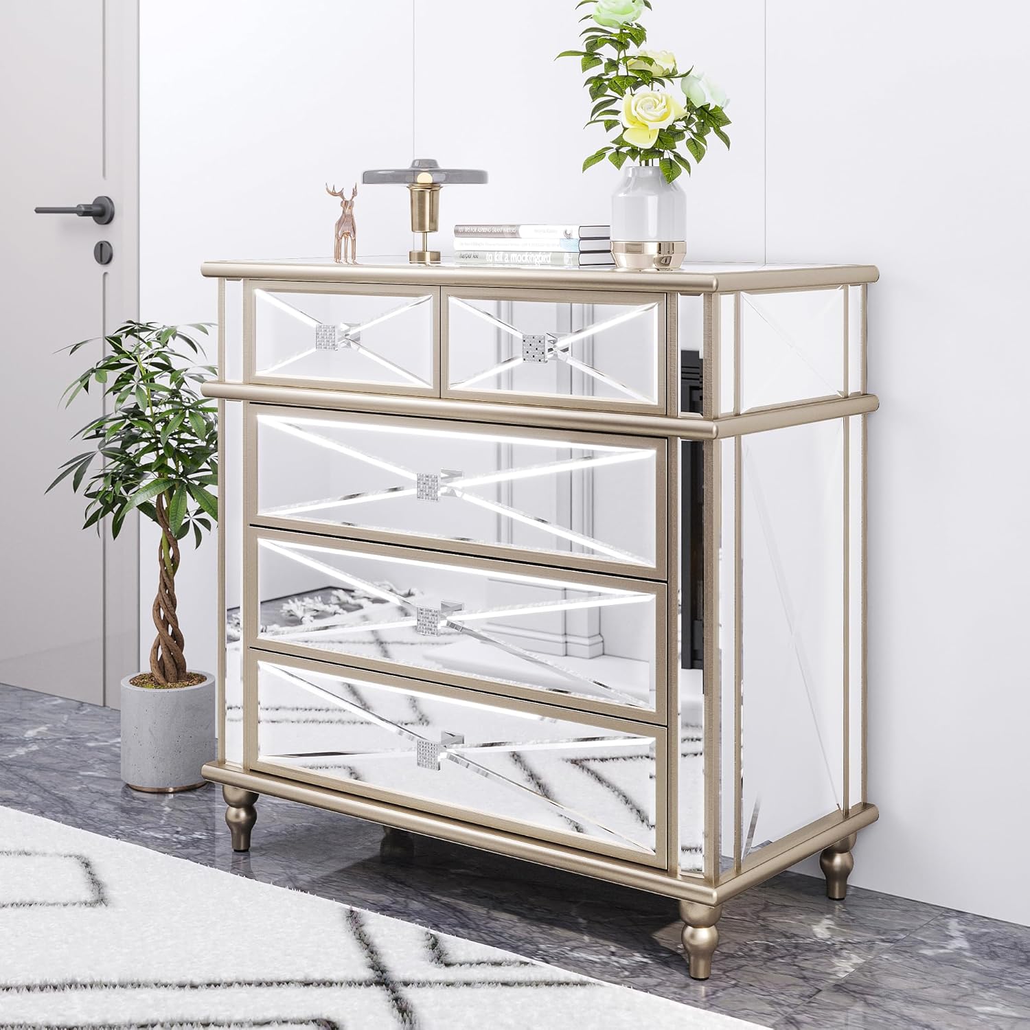 Gold Mirrored 5 Drawers Dressers for Bedroom, 35" Accent Chest with Drawers with 5 Storage Drawers and Wood Legs, Fully Assembled Mirrored Nightstans for Bedroom, Living Room