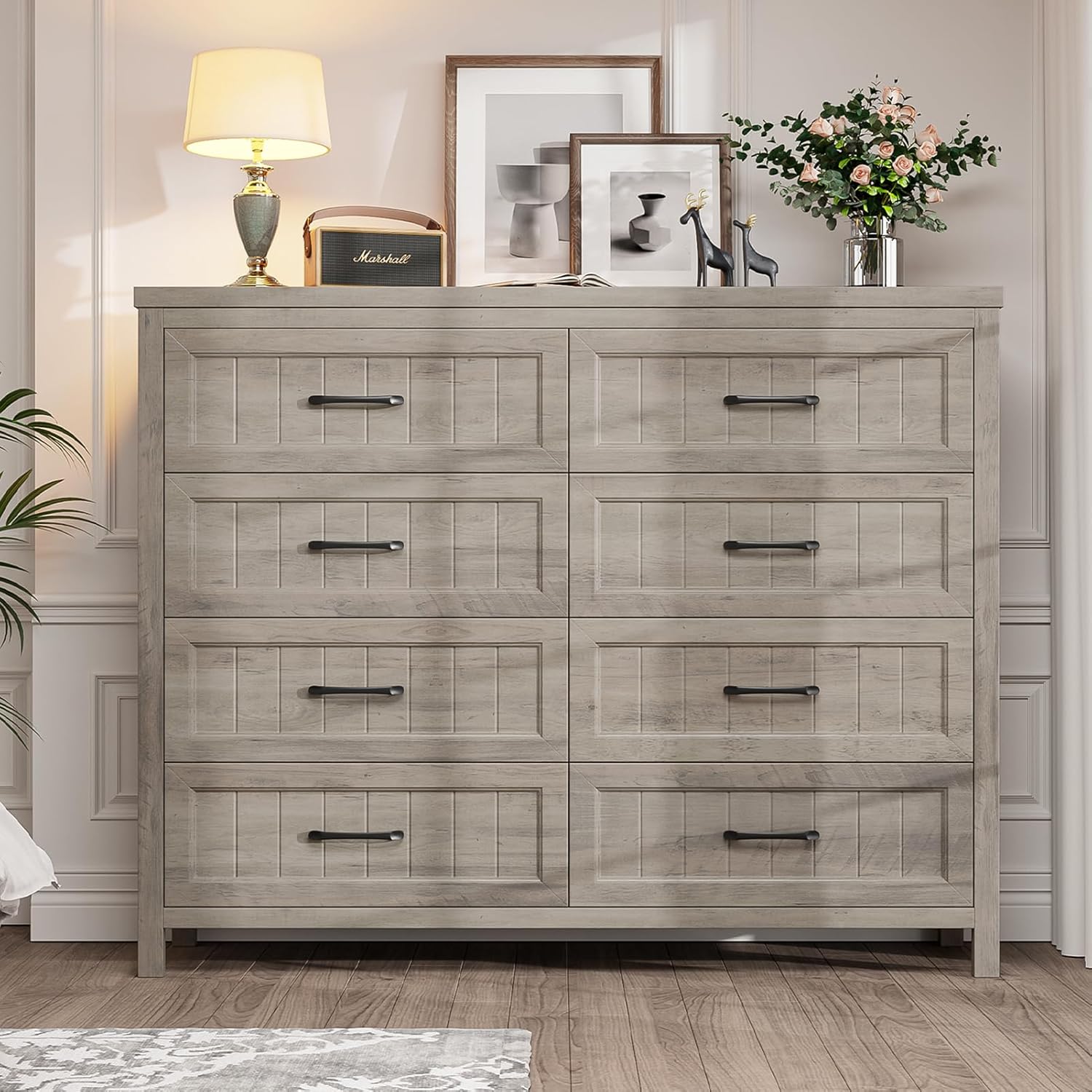 Farmhouse Dresser 8 Drawer Dresser for Bedroom, Large Wooden Dressers Double Grey Dresser with Deep Drawers Dressers for Hallway, Entryway (Gray)