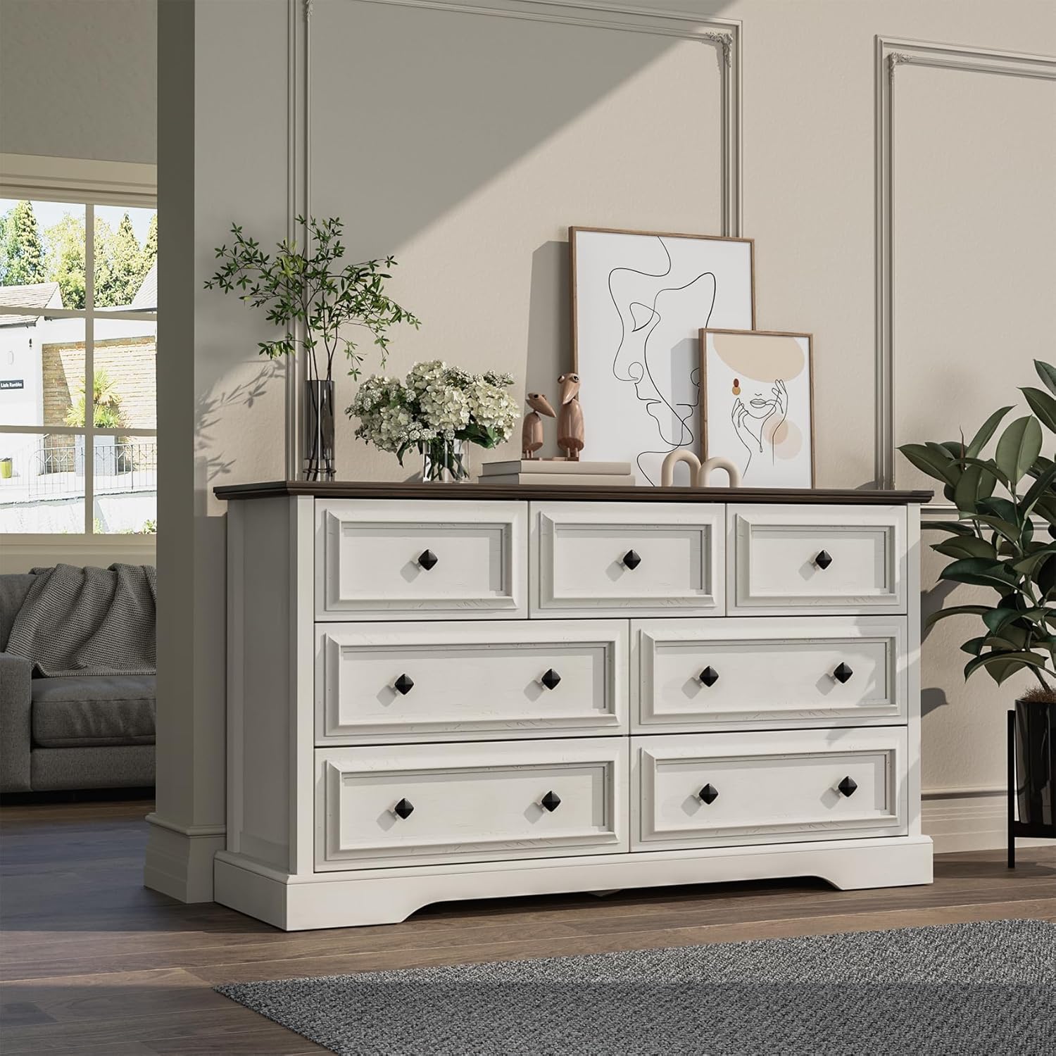 7 Drawer Dresser for Bedroom, 54" Wide Wooden Dresser with Natural Texture & Vintage Metal Knobs, Large Chest of Drawers for Bedroom, Living Room, Hallway, Antique White