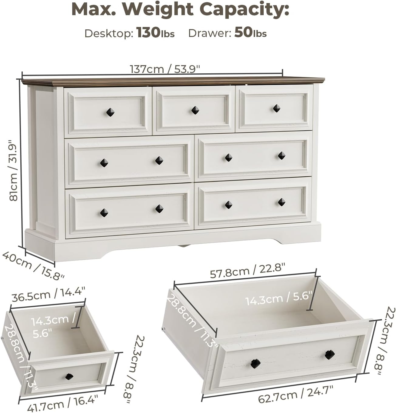 7 Drawer Dresser for Bedroom, 54" Wide Wooden Dresser with Natural Texture & Vintage Metal Knobs, Large Chest of Drawers for Bedroom, Living Room, Hallway, Antique White