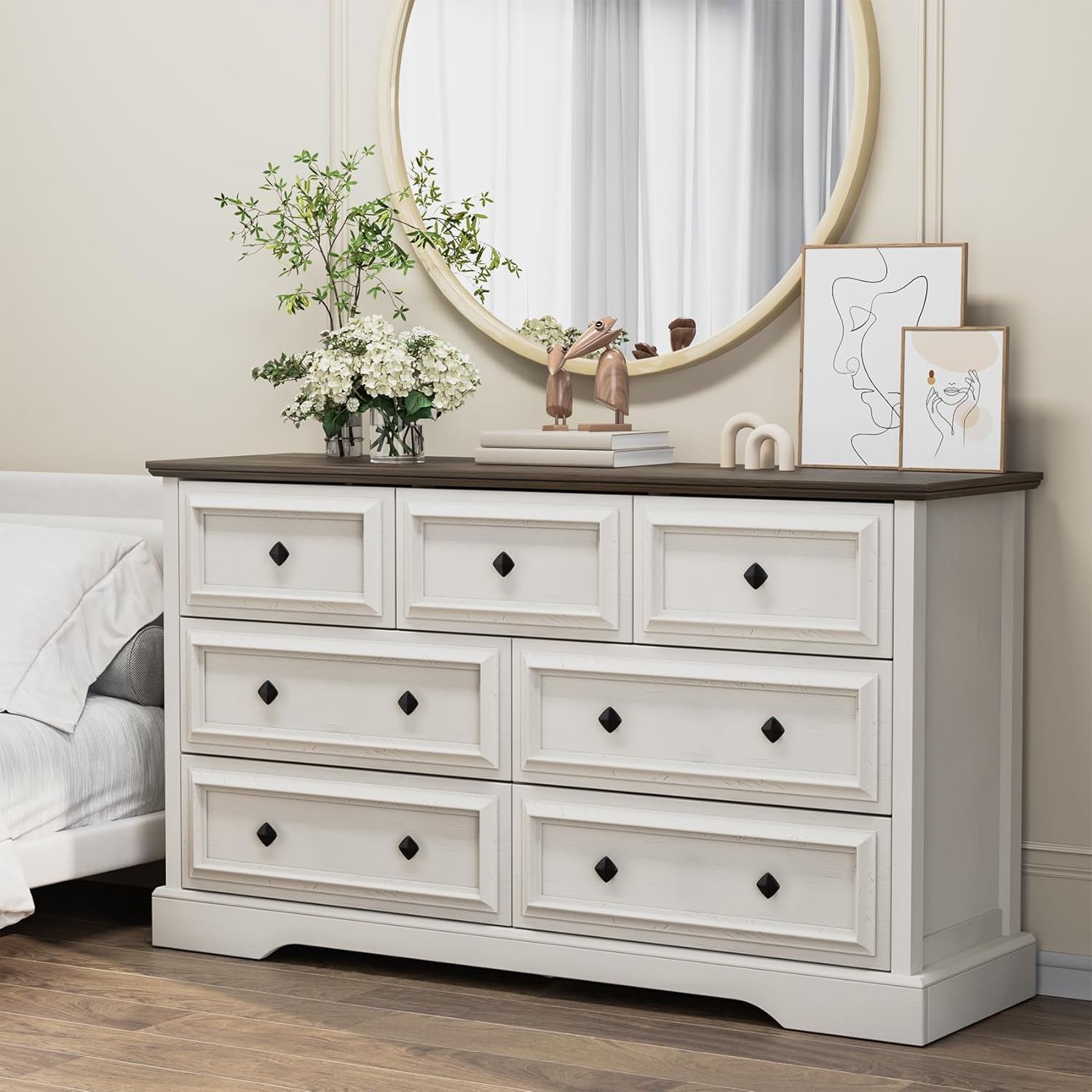 7 Drawer Dresser for Bedroom, 54" Wide Wooden Dresser with Natural Texture & Vintage Metal Knobs, Large Chest of Drawers for Bedroom, Living Room, Hallway, Antique White