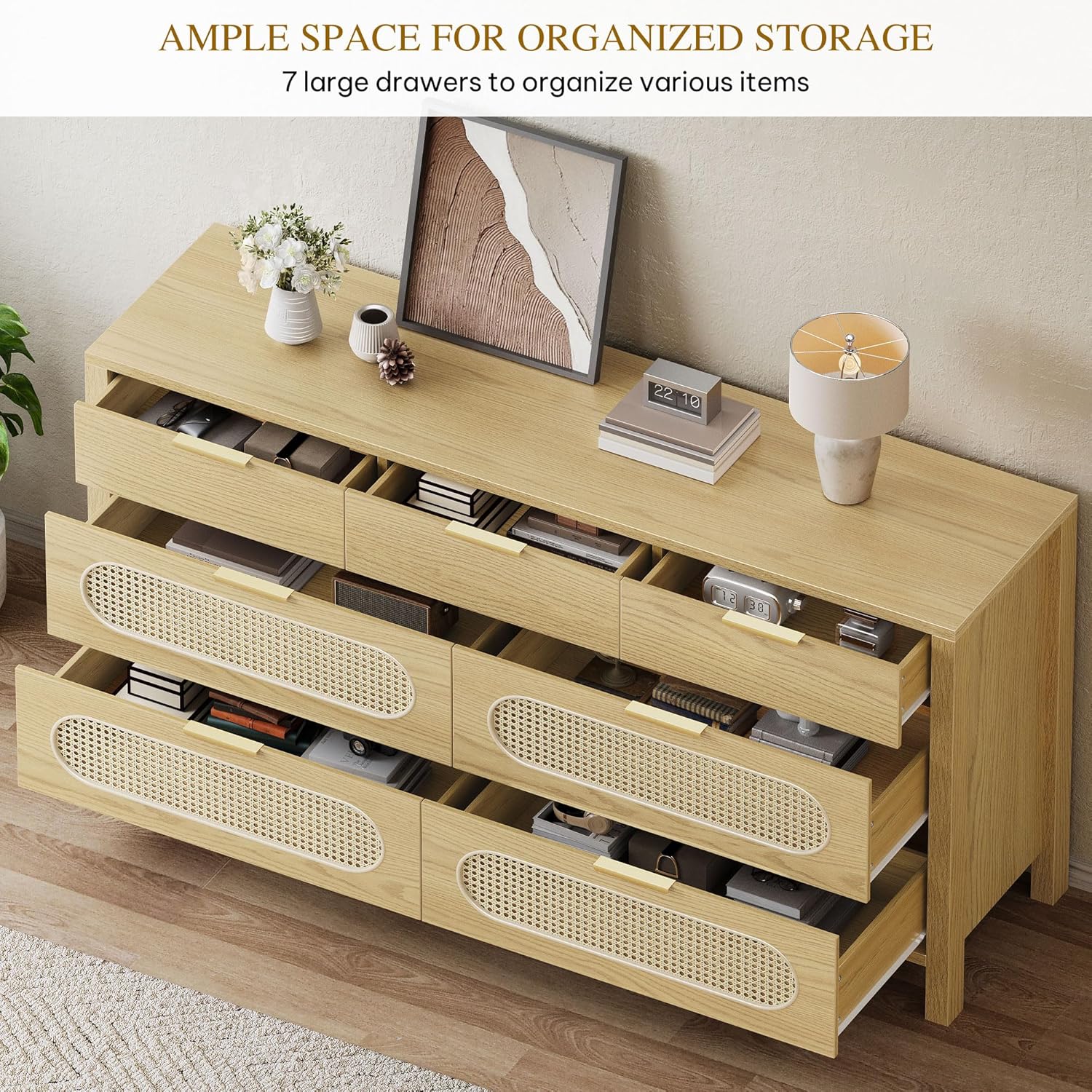 Natural Rattan 7 Drawer Dressers - Oak Wooden Dresser Chest of Drawers with Golden Handles - Modern Large Closet Boho Dressers Storage Cabinet for Living Room/Hallway/Entryway