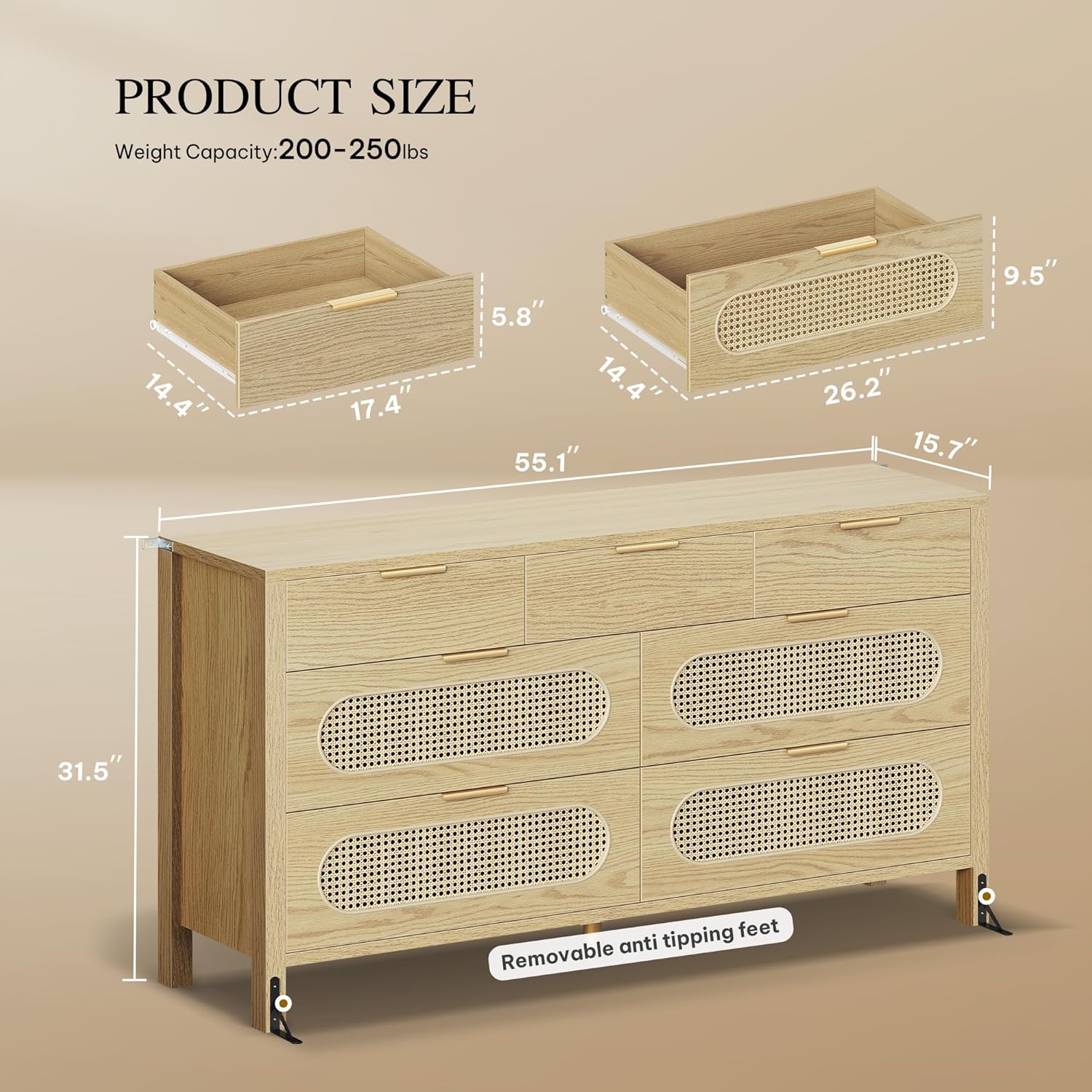 Natural Rattan 7 Drawer Dressers - Oak Wooden Dresser Chest of Drawers with Golden Handles - Modern Large Closet Boho Dressers Storage Cabinet for Living Room/Hallway/Entryway