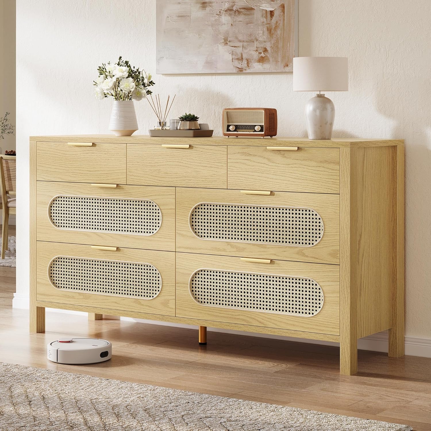 Natural Rattan 7 Drawer Dressers - Oak Wooden Dresser Chest of Drawers with Golden Handles - Modern Large Closet Boho Dressers Storage Cabinet for Living Room/Hallway/Entryway