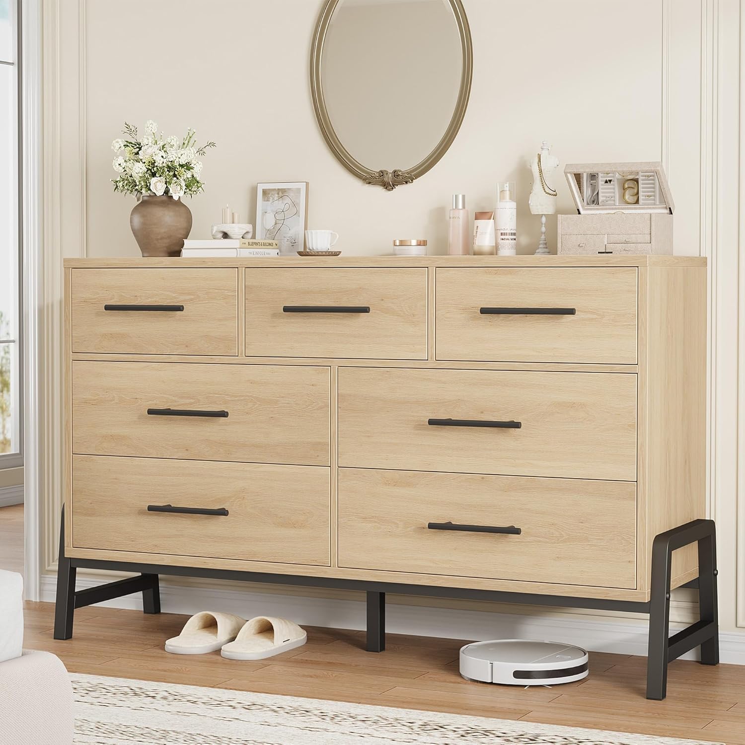 7 Dresser for Bedroom, 52" Wide Dresser, Wide Drawer with Storage Freestanding, Wooden Closet Storage Chest for Living Room, Bedroom, Entryway, Natural Oak