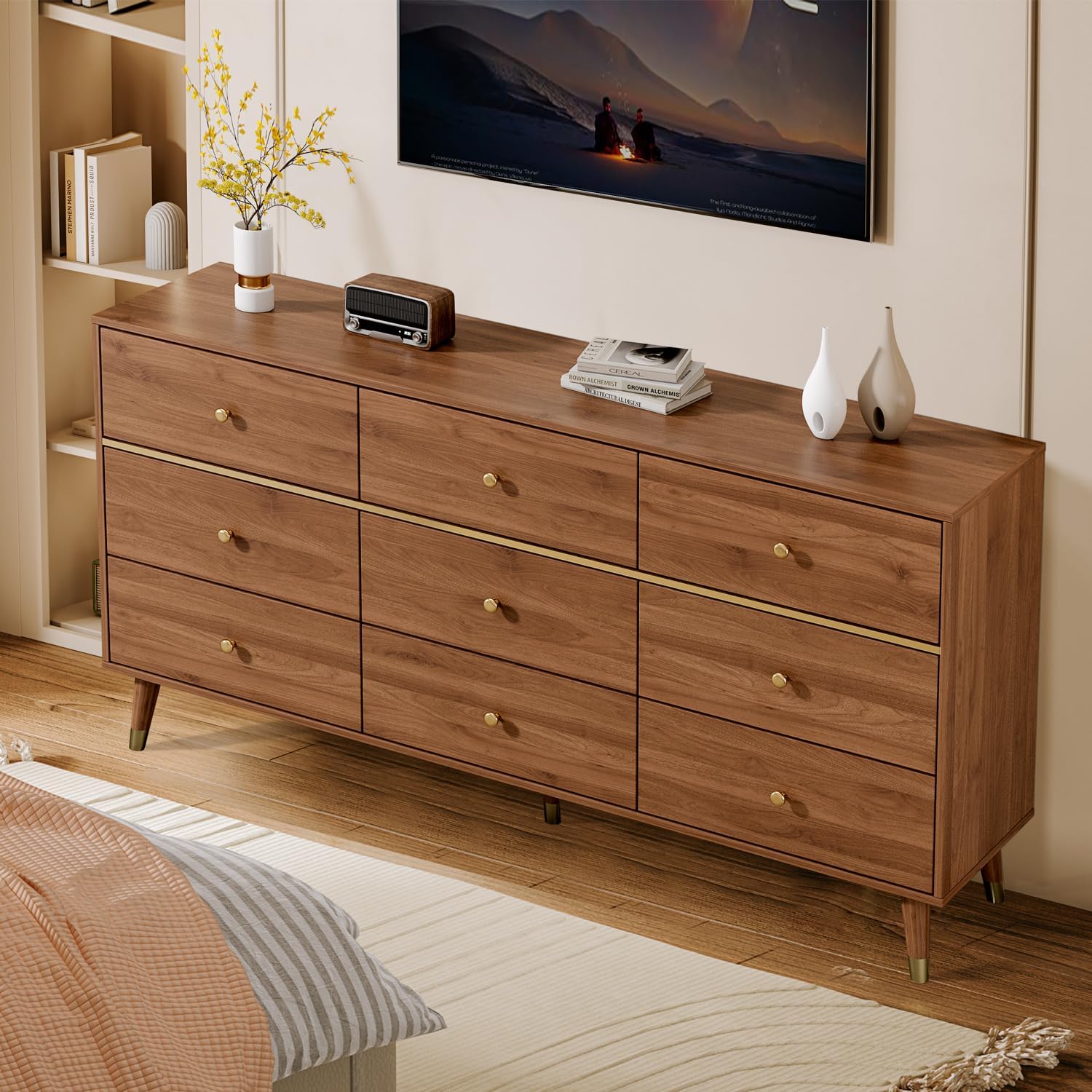 9 Drawer Dresser, 63" Wide Mid Century Modern Chest of Drawers,Wood Storage Drawer Organizer for Bedroom, Living Room,with Anti-Tipping Device,Tan