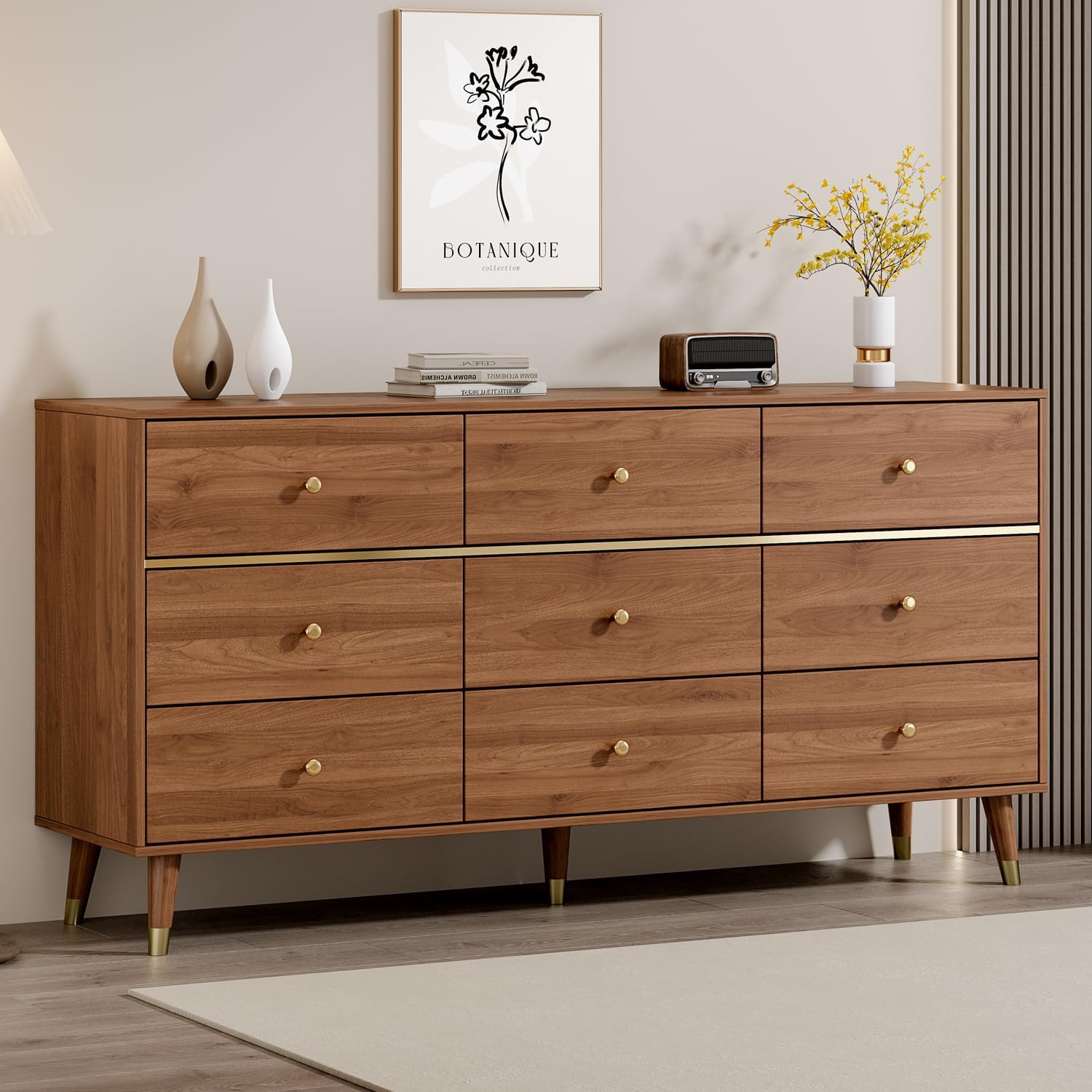 9 Drawer Dresser, 63" Wide Mid Century Modern Chest of Drawers,Wood Storage Drawer Organizer for Bedroom, Living Room,with Anti-Tipping Device,Tan