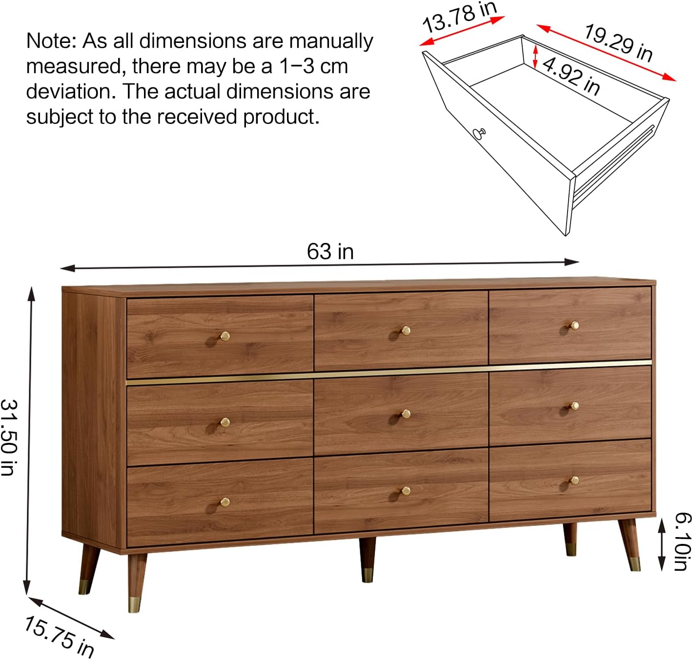 9 Drawer Dresser, 63" Wide Mid Century Modern Chest of Drawers,Wood Storage Drawer Organizer for Bedroom, Living Room,with Anti-Tipping Device,Tan