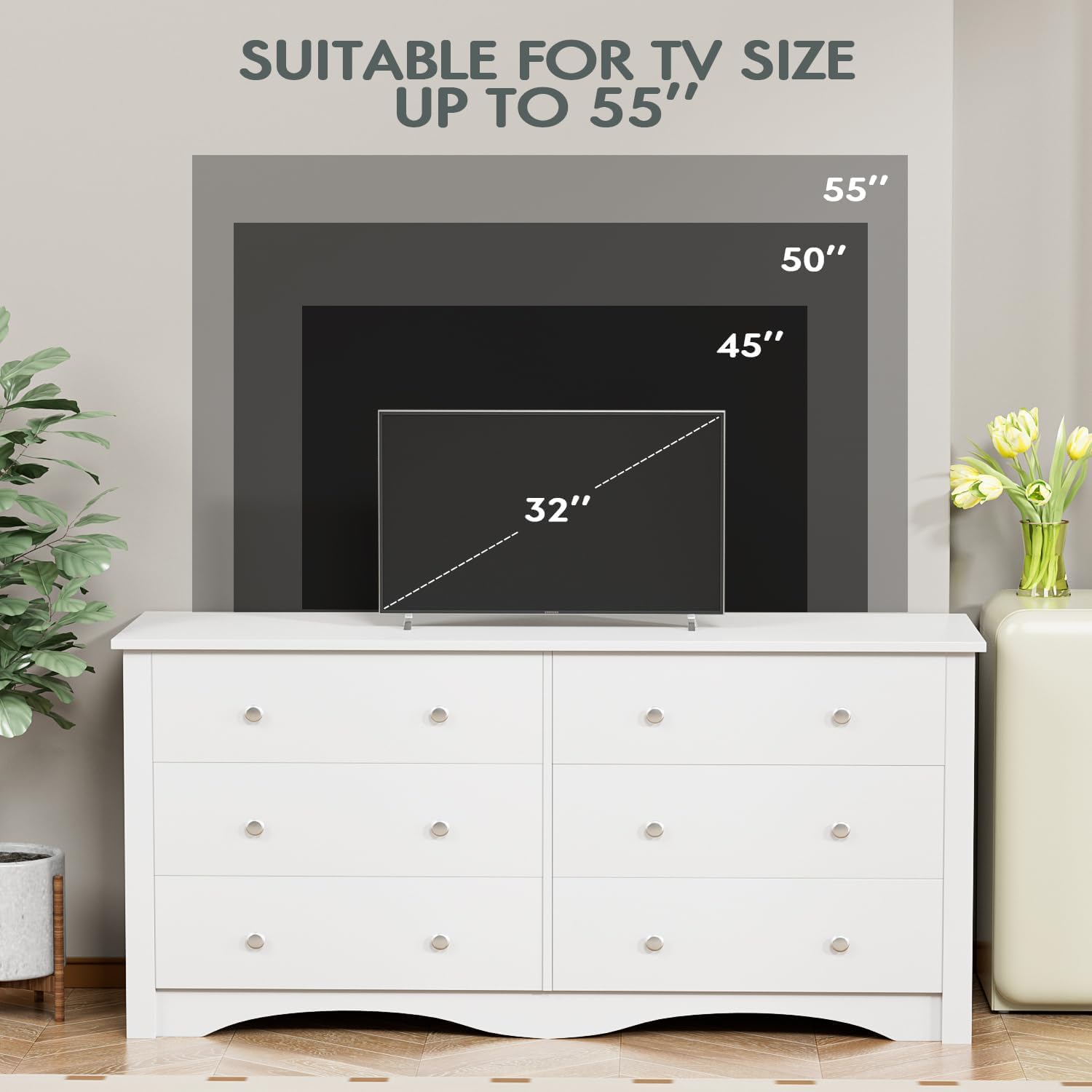 Dresser with 6 Drawer, Wood Wide Chest Storage Organizer and TV Stand for Living Room, Hallway, Dormitory, White