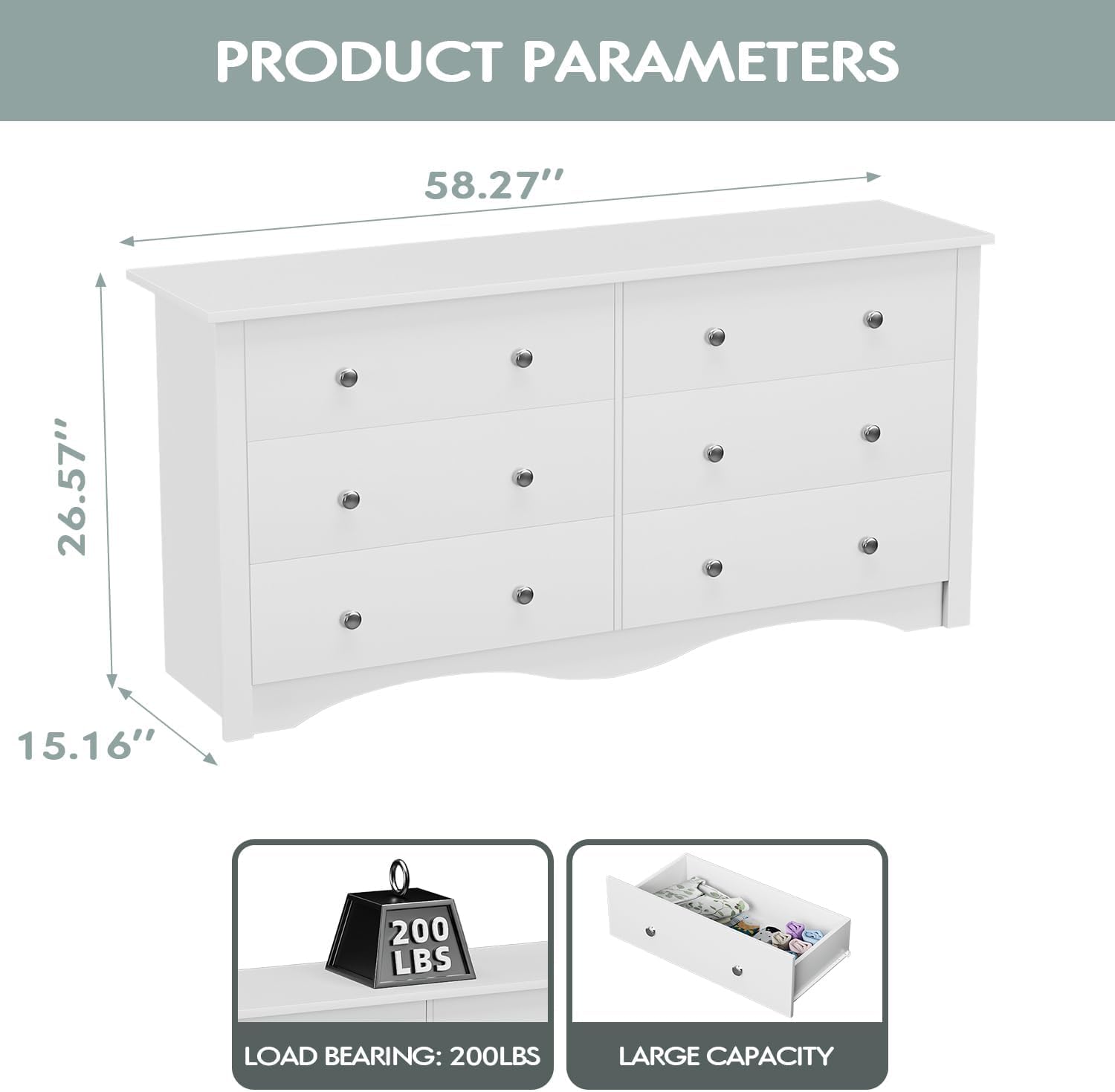 Dresser with 6 Drawer, Wood Wide Chest Storage Organizer and TV Stand for Living Room, Hallway, Dormitory, White