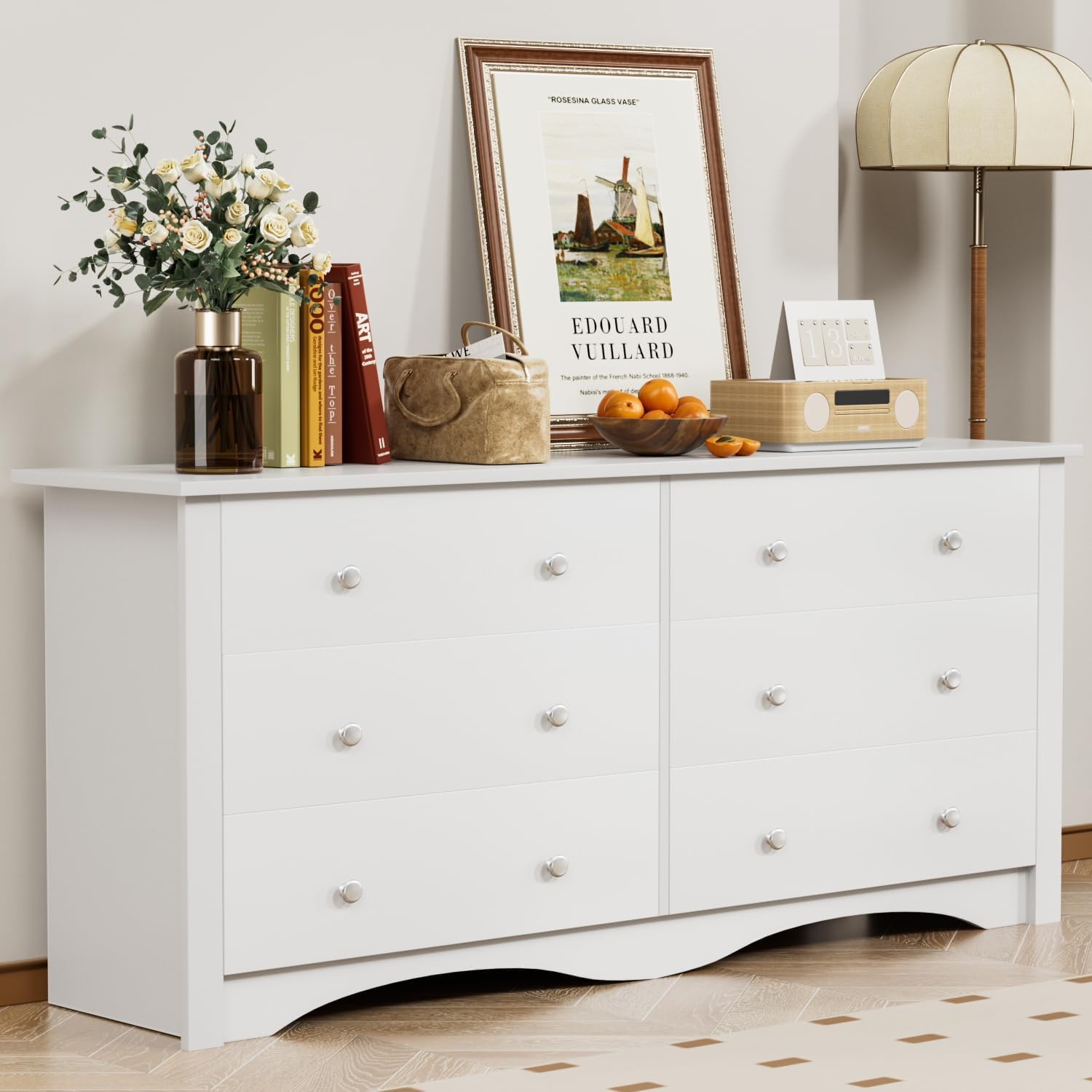 Dresser with 6 Drawer, Wood Wide Chest Storage Organizer and TV Stand for Living Room, Hallway, Dormitory, White