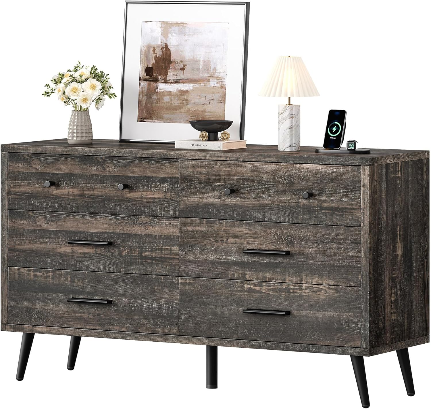 6-Drawer Dresser, Wood Storage Cabinet with Black Metal Handles & Anti-Tip Design, Modern Chest of Drawers for Living Room, Bedroom, or Hallway-Dark Rustic Oak
